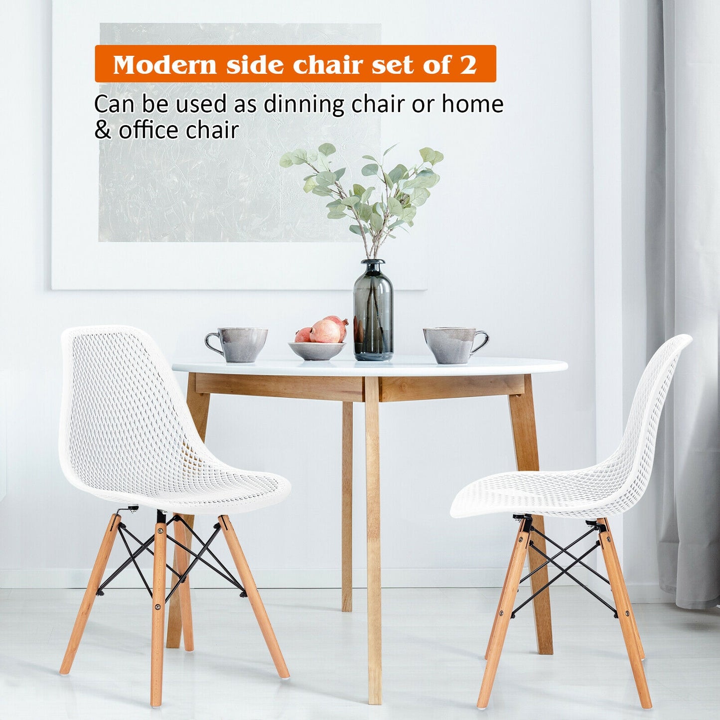 Set of 2 Modern Plastic Hollow Dining Chairs with Wooden Legs for Home and Office - White