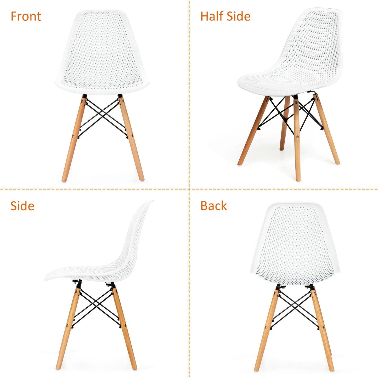 Set of 2 Modern Plastic Hollow Dining Chairs with Wooden Legs for Home and Office - White