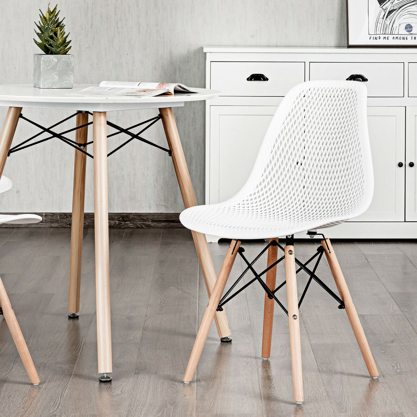 Set of 2 Modern Plastic Hollow Dining Chairs with Wooden Legs for Home and Office - White