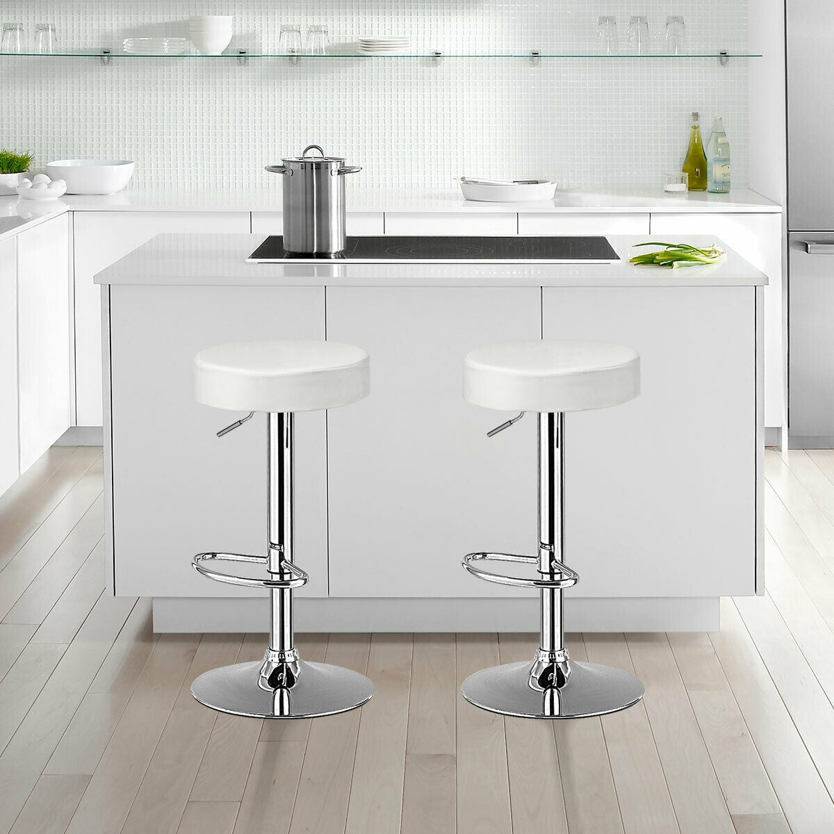 Adjustable Swivel Round Bar Stool with PU Leather Seat and Chrome Base, Set of 2 - White
