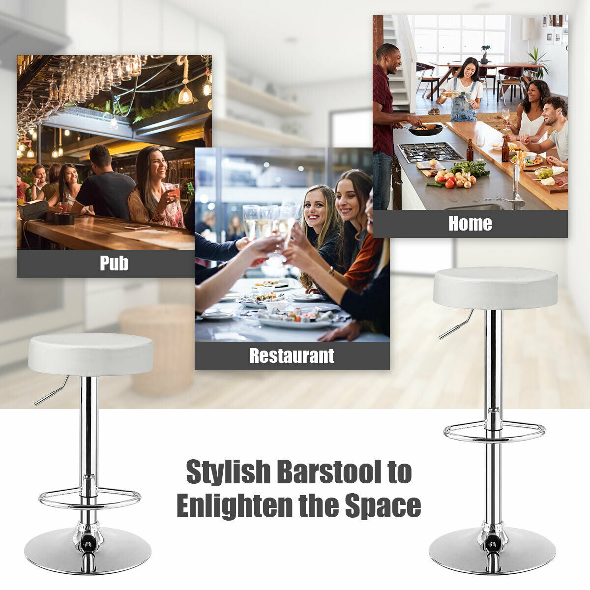 Adjustable Swivel Round Bar Stool with PU Leather Seat and Chrome Base - White