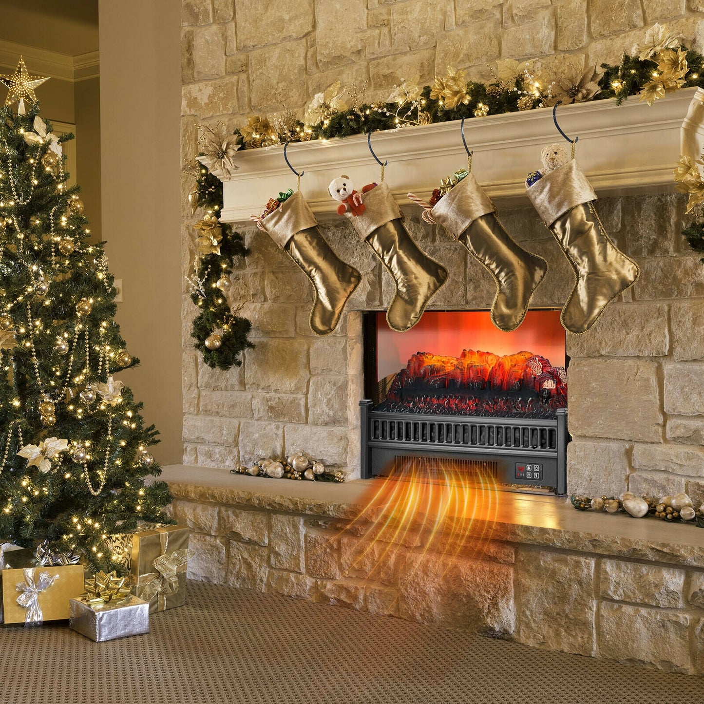 1400W Electric Log Fireplace Heater with Adjustable Flame Brightness