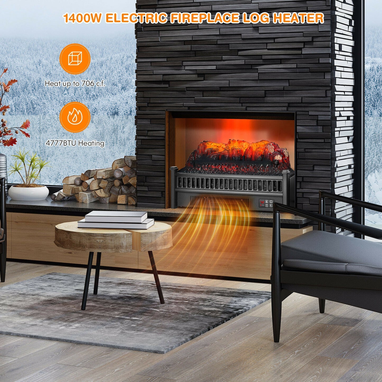 1400W Electric Log Fireplace Heater with Adjustable Flame Brightness