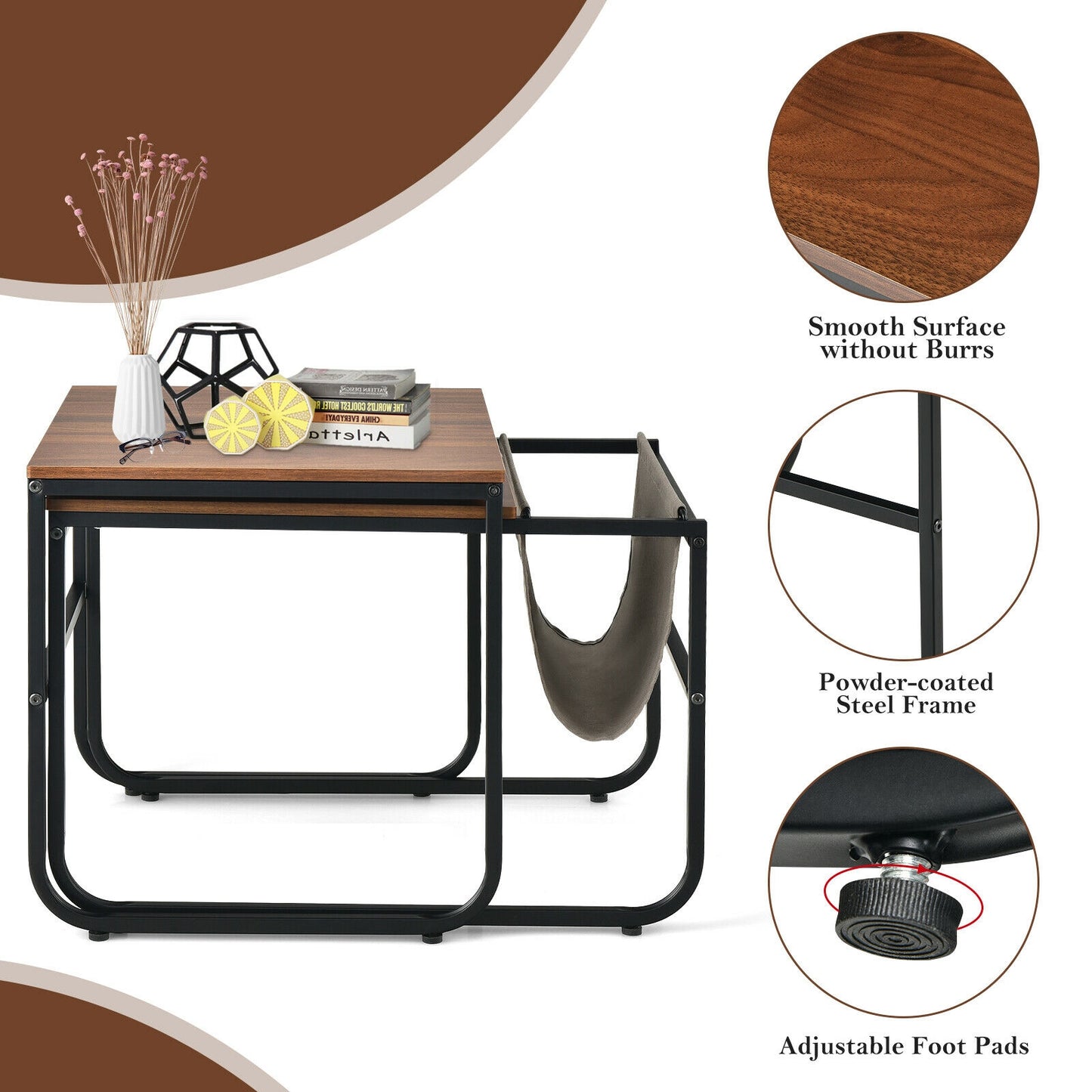 Rustic Brown Nesting Coffee Table Set with Side Pocket and Space Saving Design