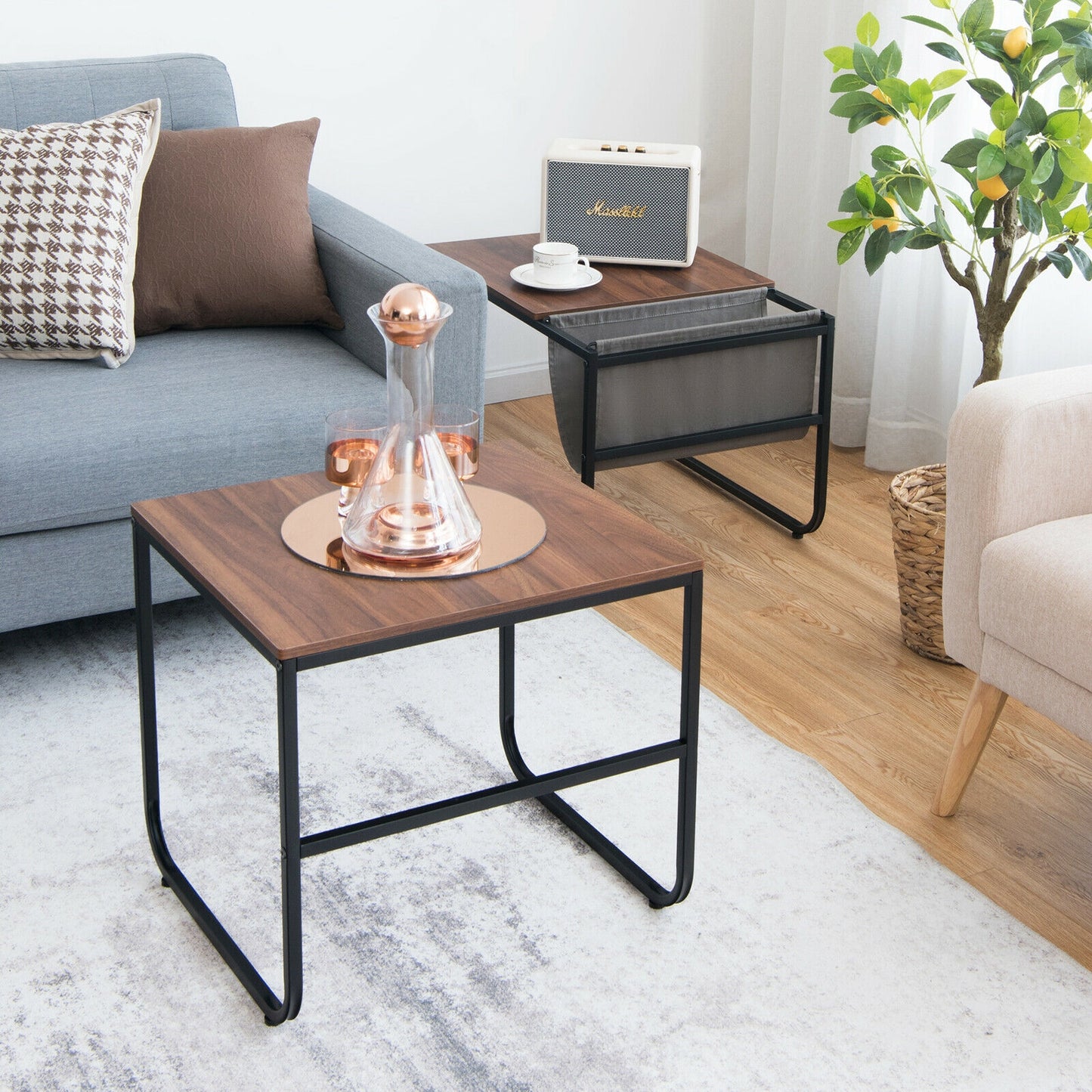 Rustic Brown Nesting Coffee Table Set with Side Pocket and Space Saving Design