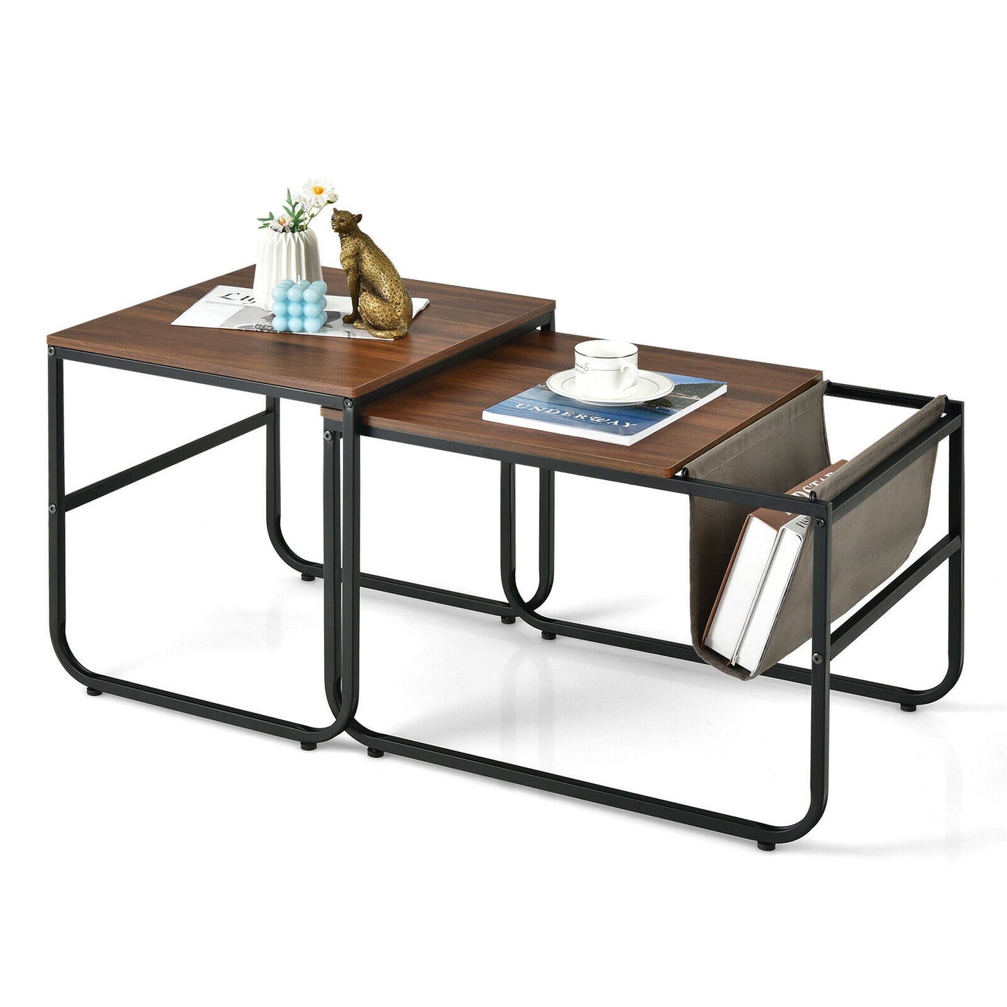 Rustic Brown Nesting Coffee Table Set with Side Pocket and Space Saving Design