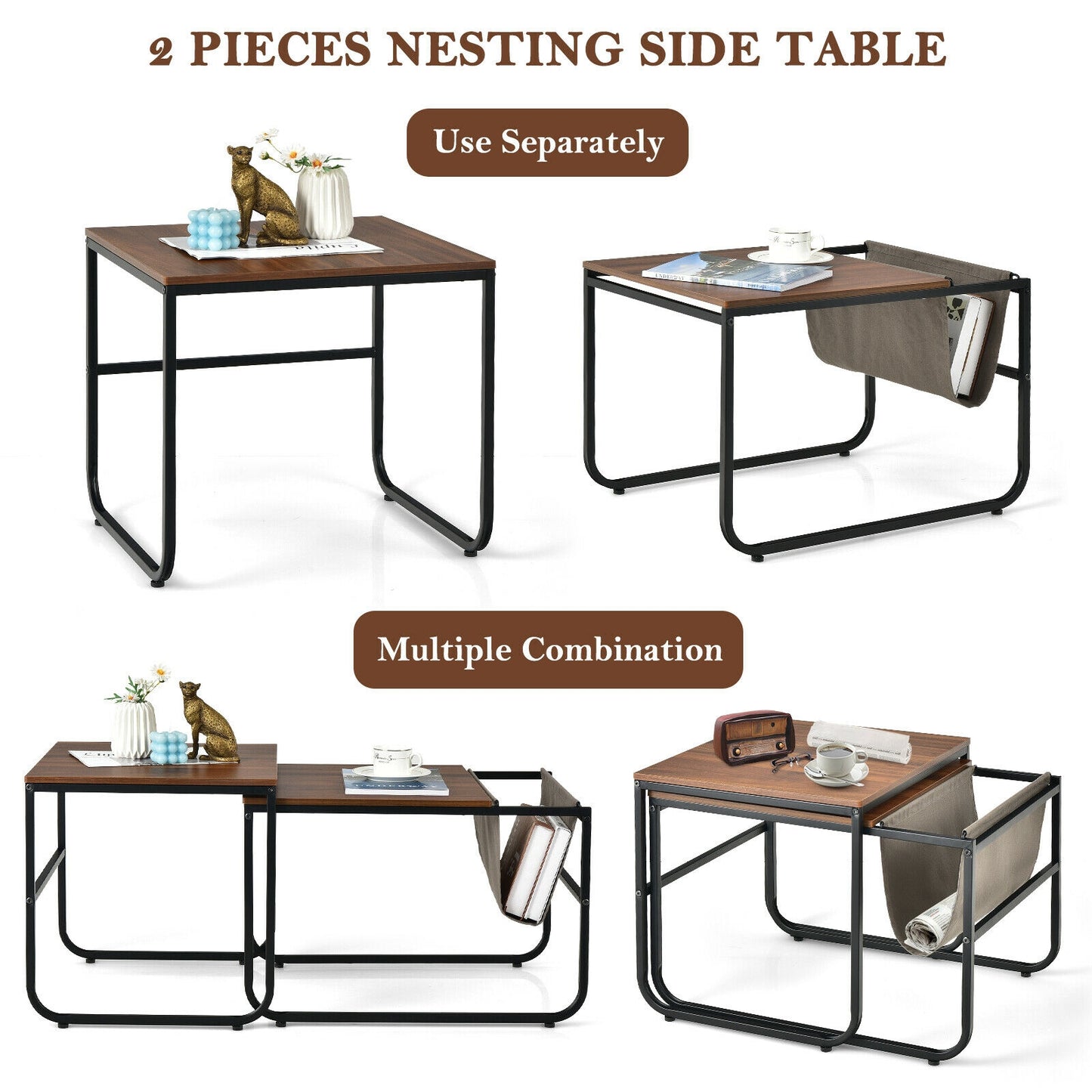 Rustic Brown Nesting Coffee Table Set with Side Pocket and Space Saving Design