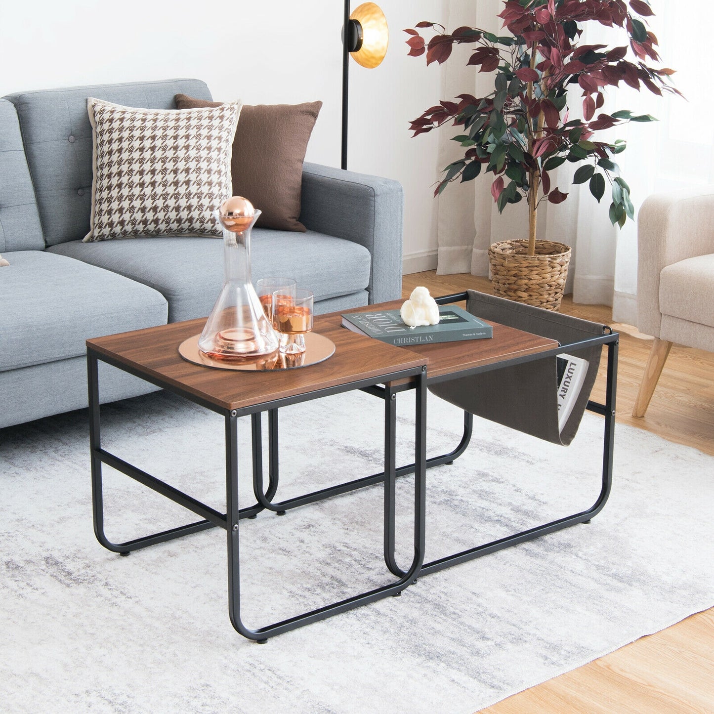 Rustic Brown Nesting Coffee Table Set with Side Pocket and Space Saving Design