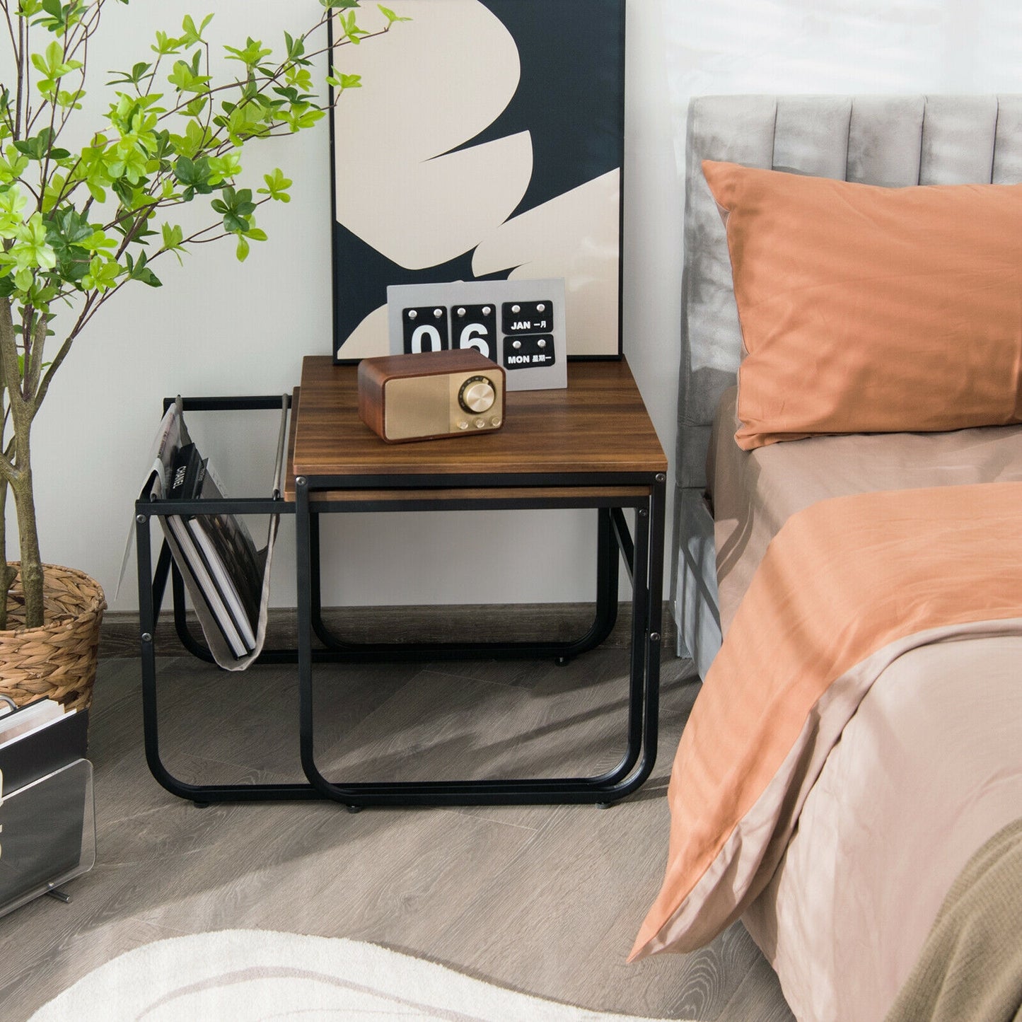Rustic Brown Nesting Coffee Table Set with Side Pocket and Space Saving Design