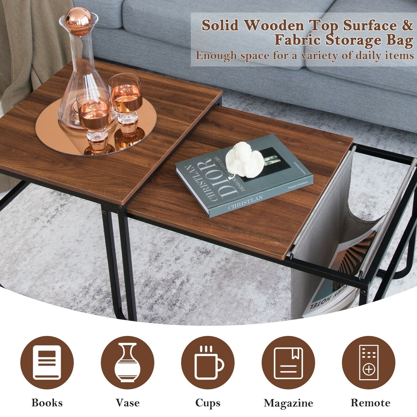 Rustic Brown Nesting Coffee Table Set with Side Pocket and Space Saving Design