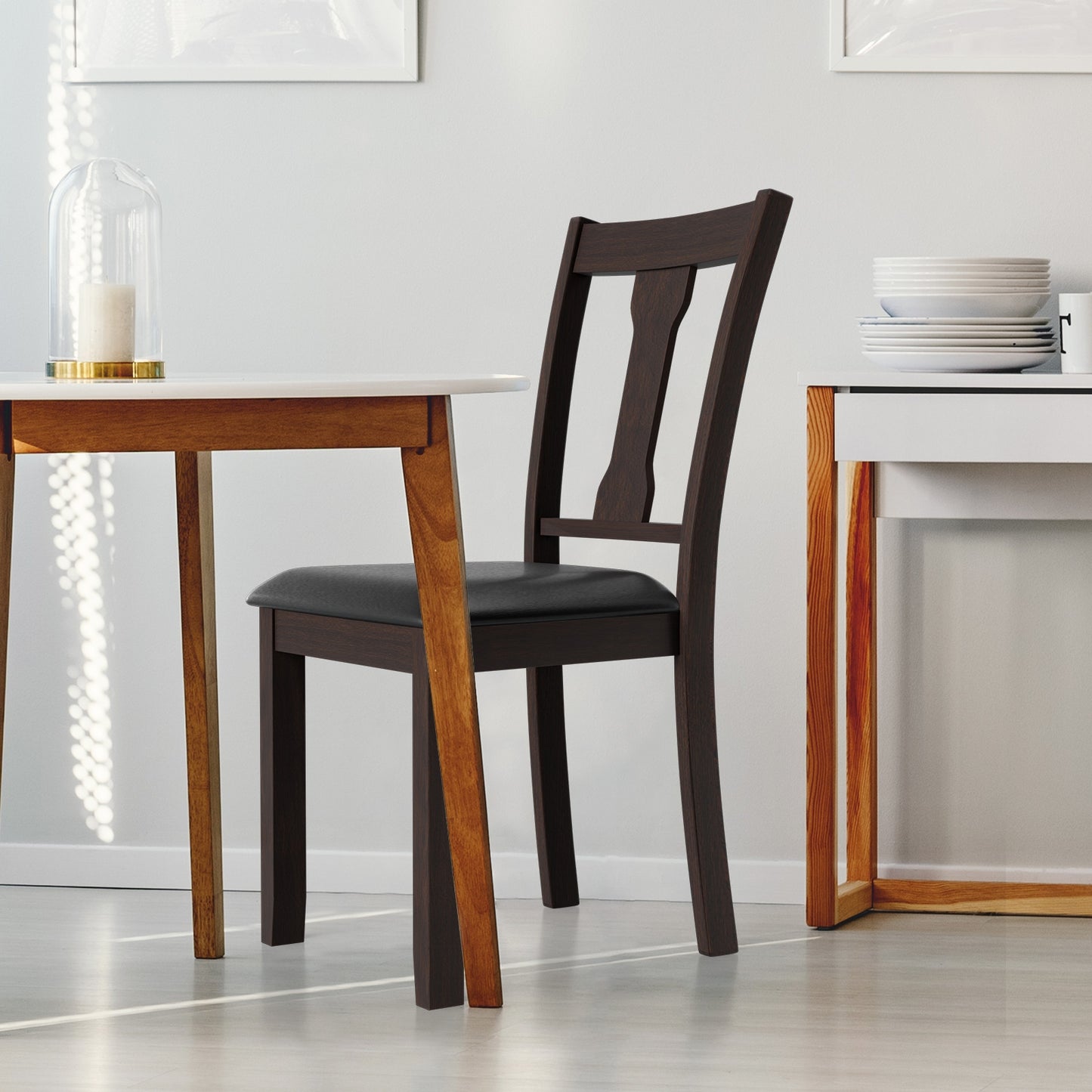 Set of 2 Upholstered Dining Chairs with Rubber Wood Frame and Comfortable Padded Seat - Brown