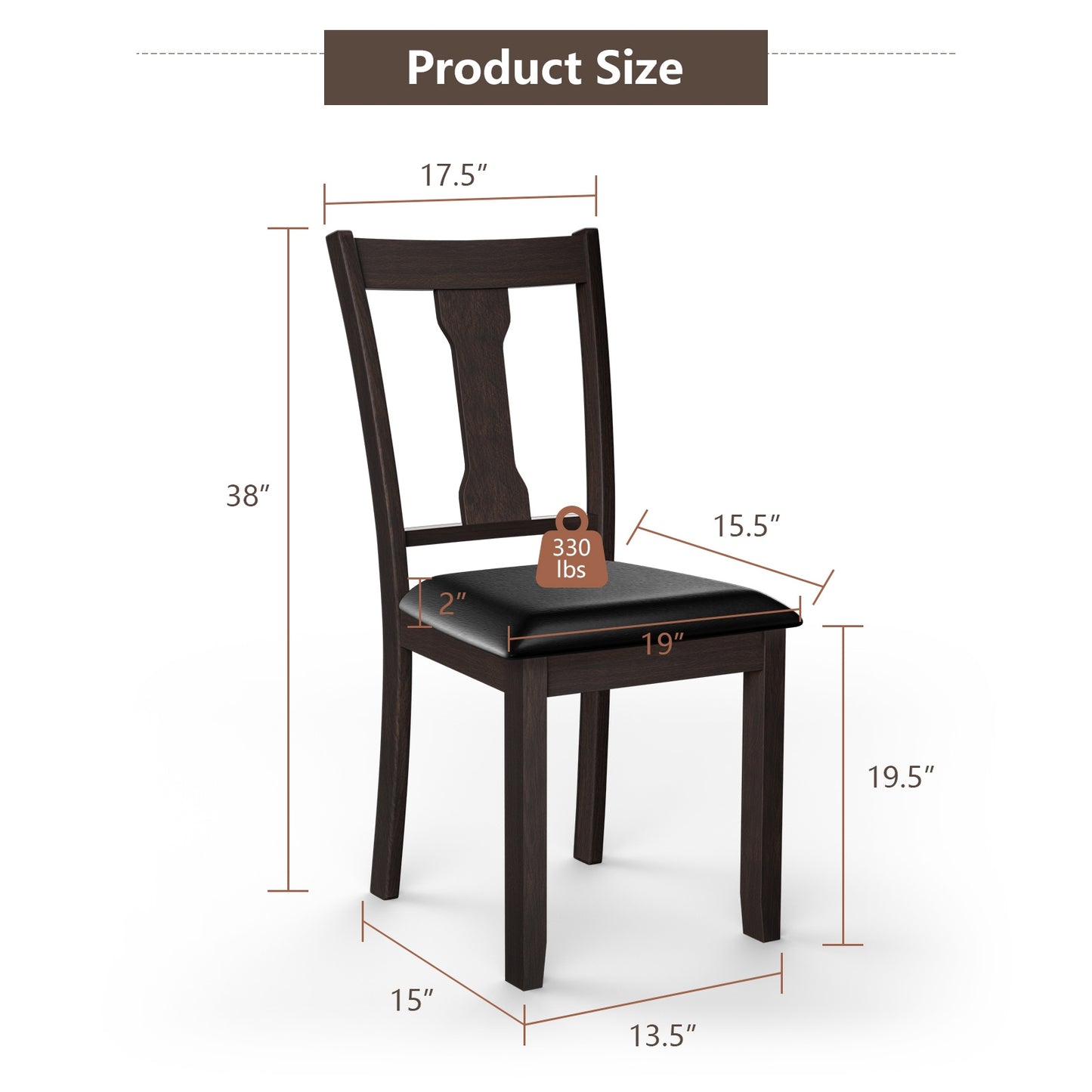 Set of 2 Upholstered Dining Chairs with Rubber Wood Frame and Comfortable Padded Seat - Brown