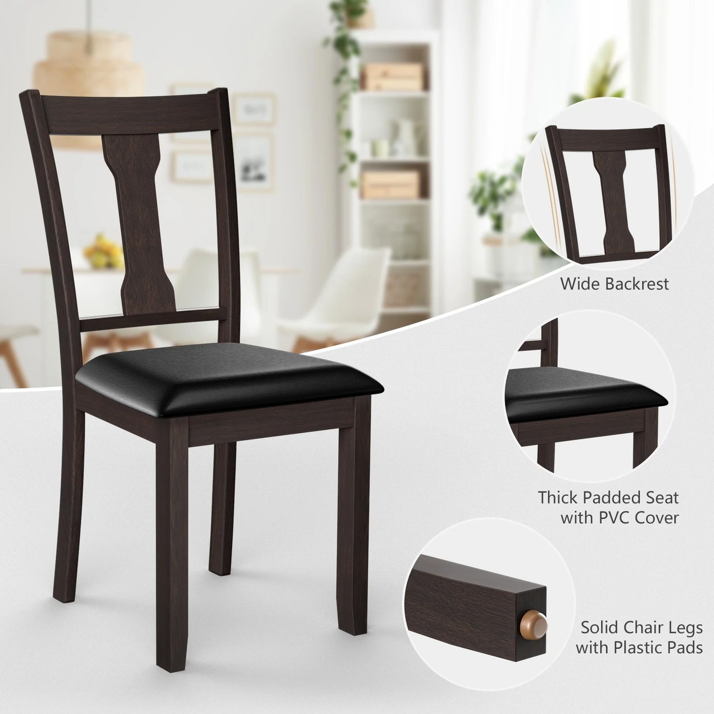 Set of 2 Upholstered Dining Chairs with Rubber Wood Frame and Comfortable Padded Seat - Brown