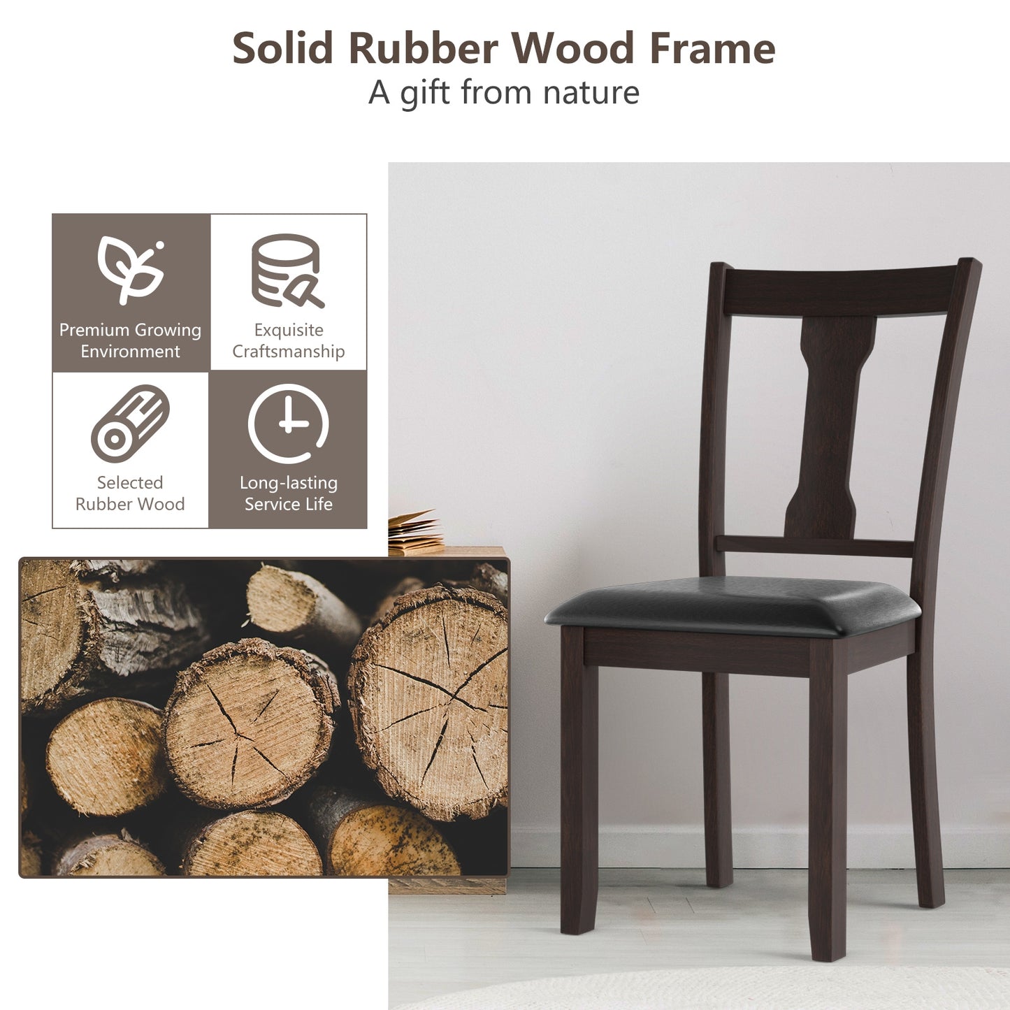 Set of 2 Upholstered Dining Chairs with Rubber Wood Frame and Comfortable Padded Seat - Brown