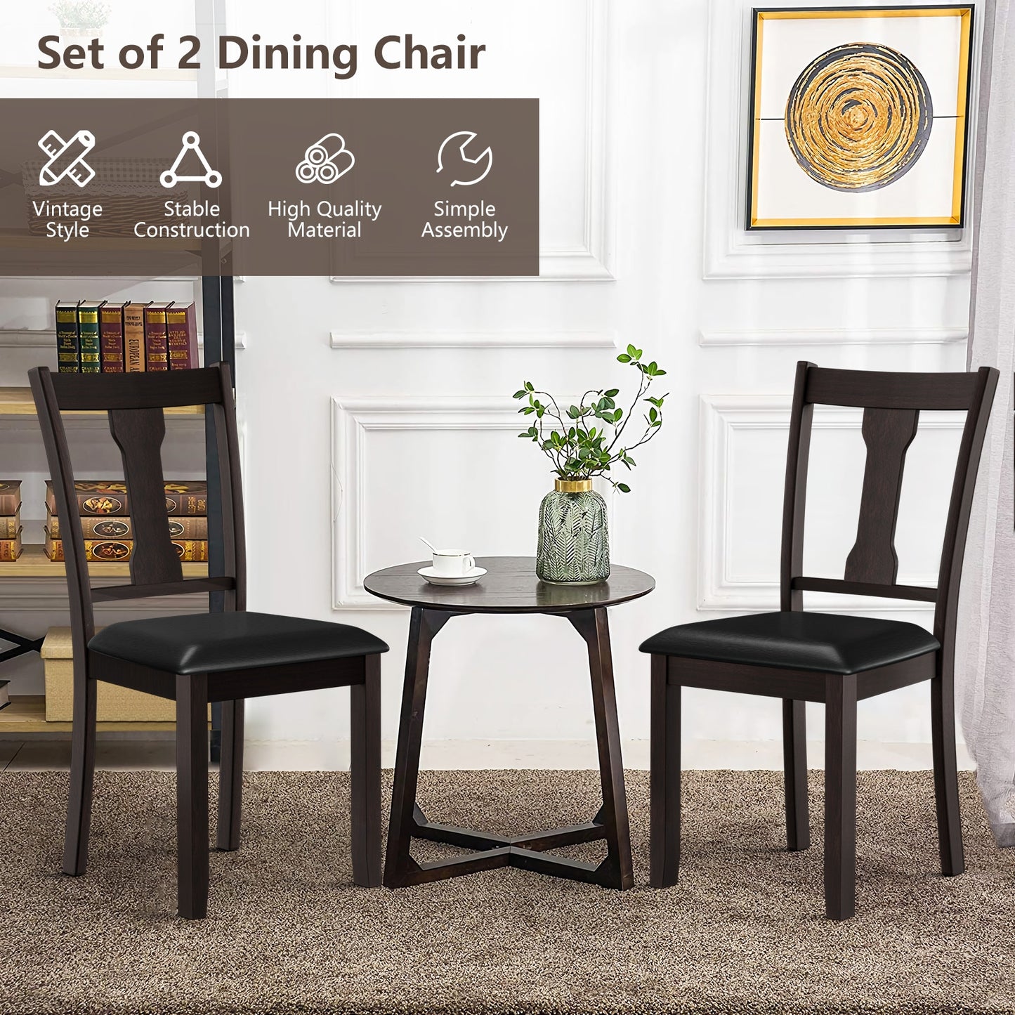 Set of 2 Upholstered Dining Chairs with Rubber Wood Frame and Comfortable Padded Seat - Brown