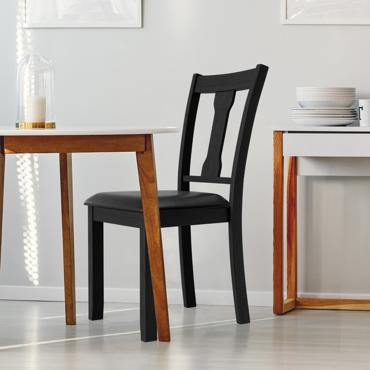 Set of 2 Upholstered Dining Chairs with Rubber Wood Frame and Comfortable Padded Seat - Black