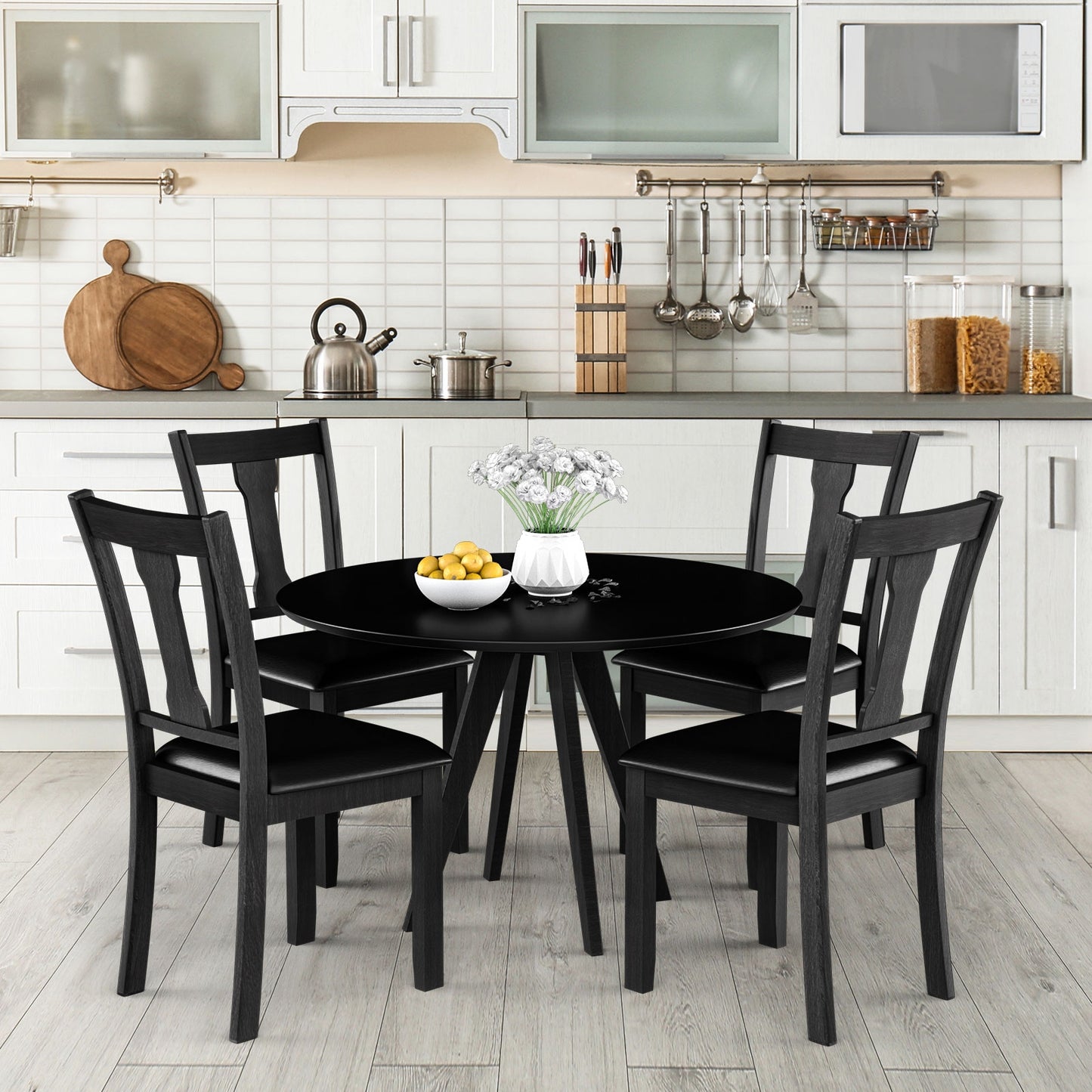 Set of 2 Upholstered Dining Chairs with Rubber Wood Frame and Comfortable Padded Seat - Black