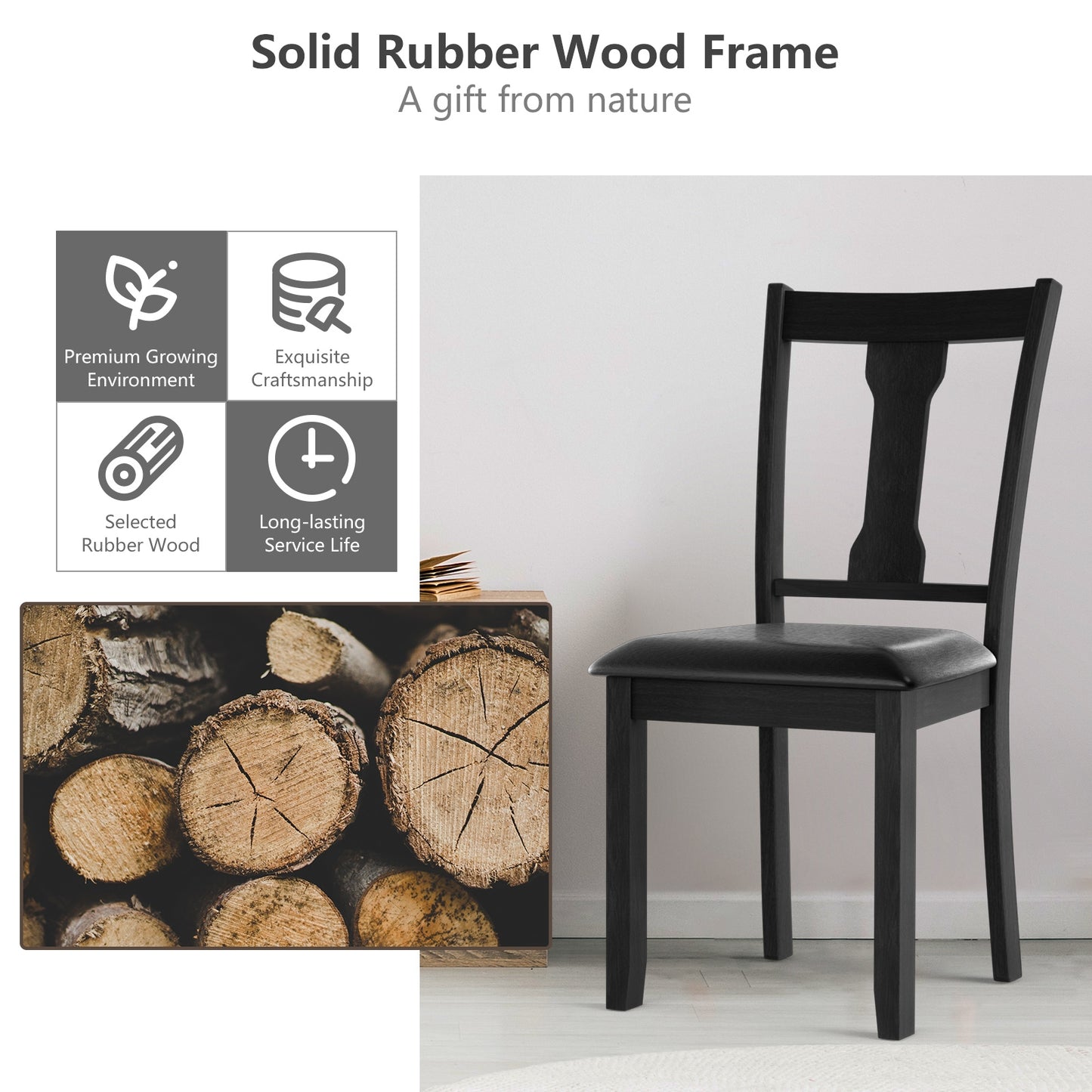 Set of 2 Upholstered Dining Chairs with Rubber Wood Frame and Comfortable Padded Seat - Black