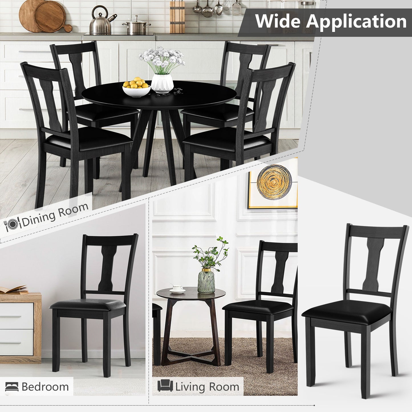 Set of 2 Upholstered Dining Chairs with Rubber Wood Frame and Comfortable Padded Seat - Black