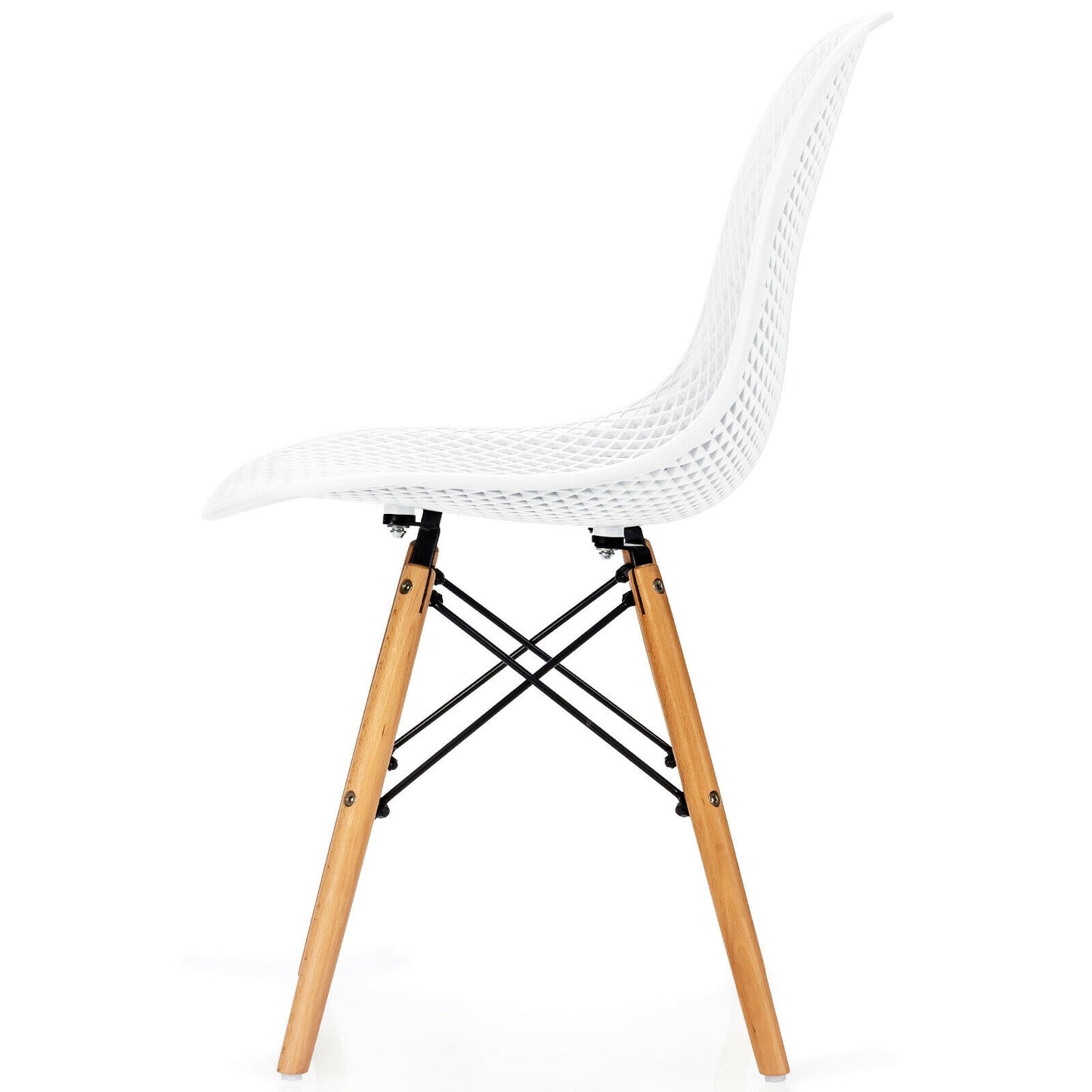 Set of 4 Modern Plastic Hollow Dining Chairs with Wooden Legs for Home and Office - White