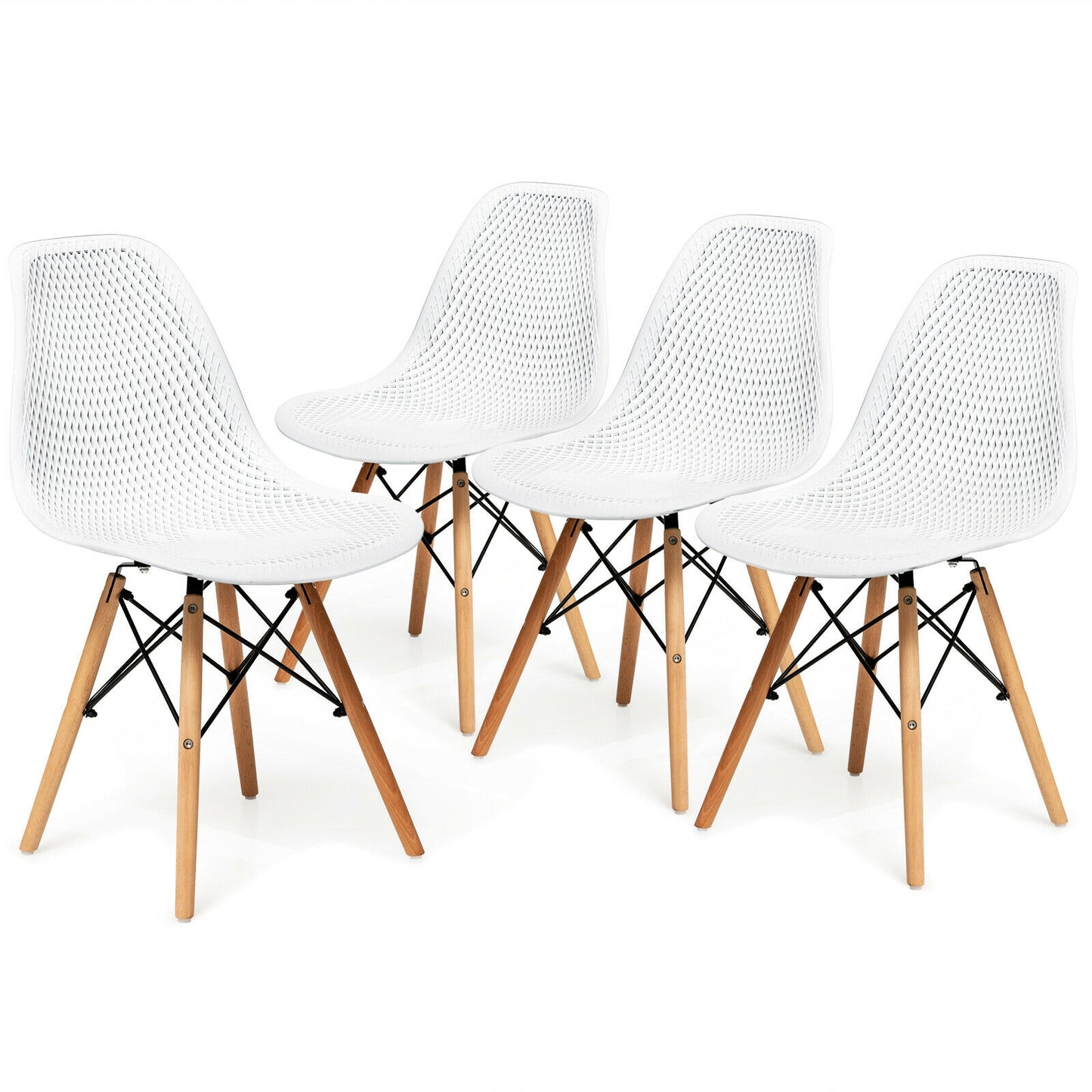 Set of 4 Modern Plastic Hollow Dining Chairs with Wooden Legs for Home and Office - White