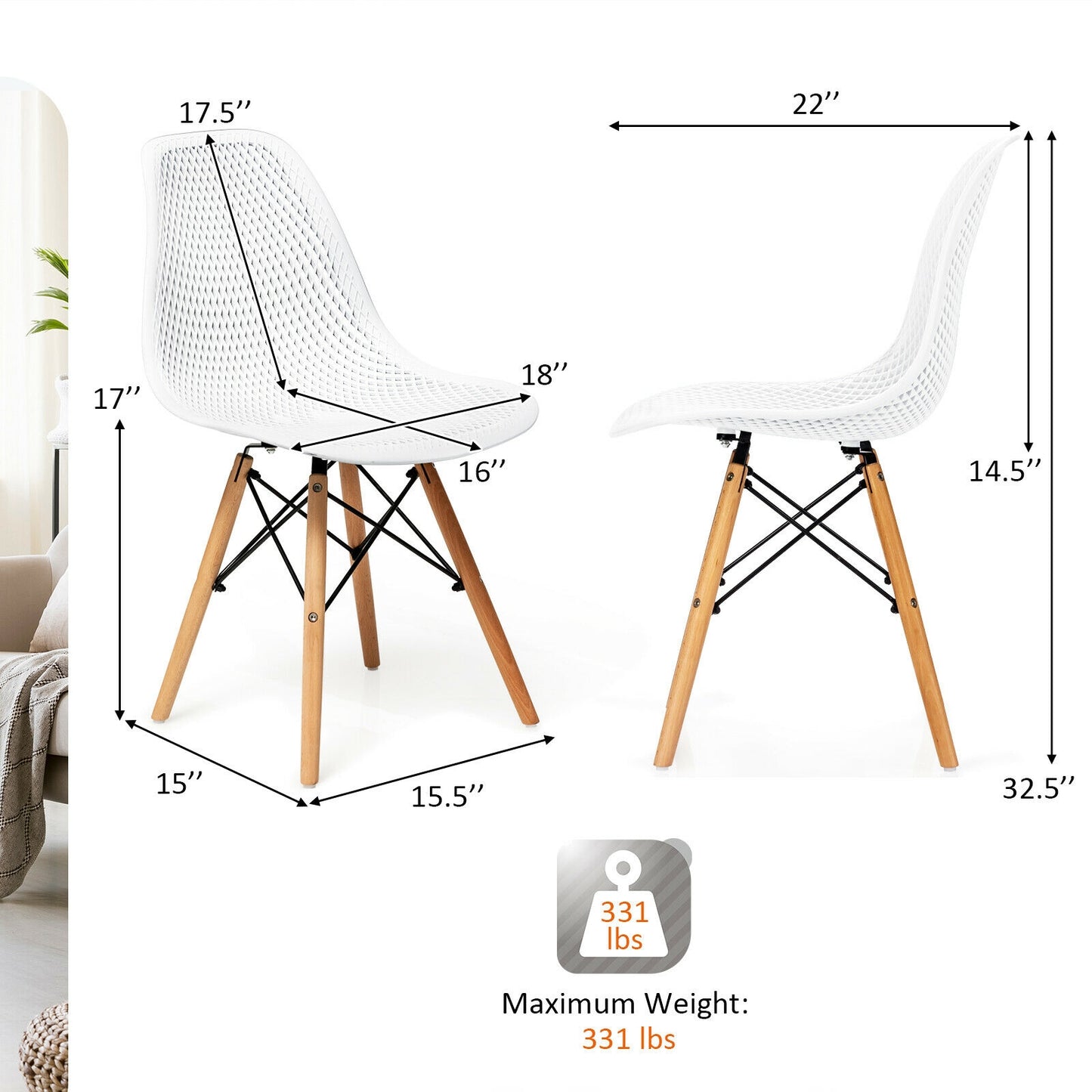Set of 4 Modern Plastic Hollow Dining Chairs with Wooden Legs for Home and Office - White