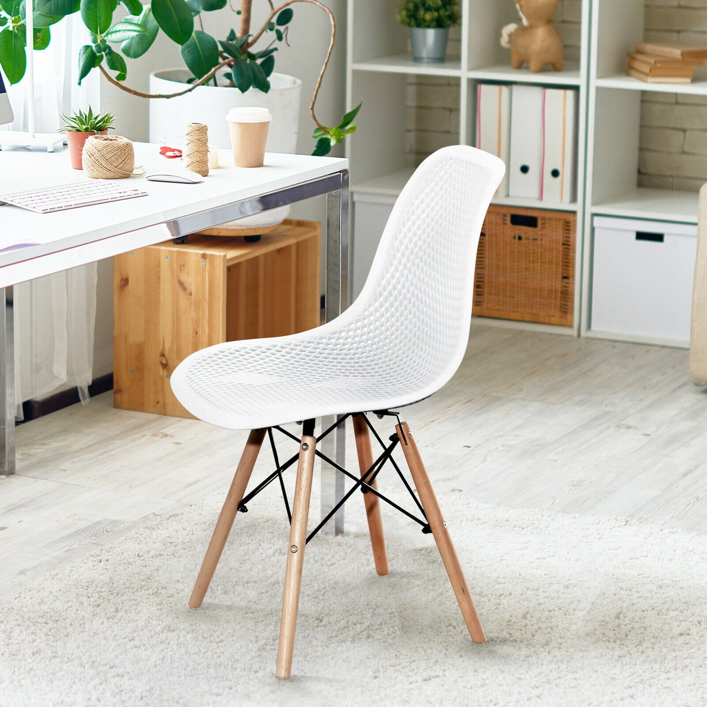 Set of 4 Modern Plastic Hollow Dining Chairs with Wooden Legs for Home and Office - White