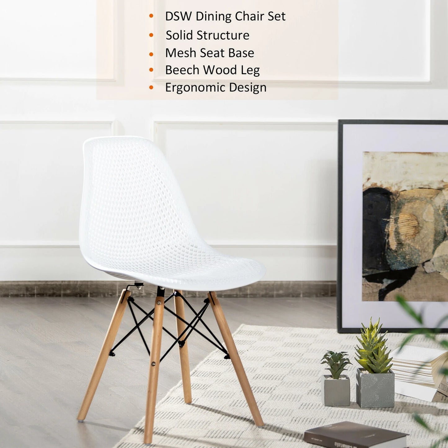 Set of 4 Modern Plastic Hollow Dining Chairs with Wooden Legs for Home and Office - White