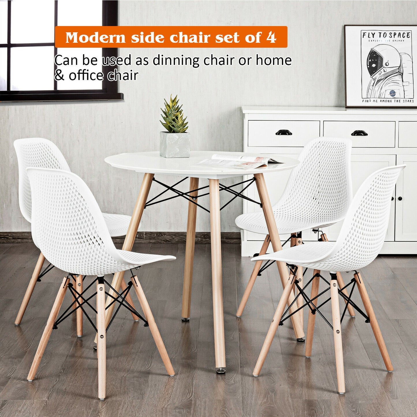 Set of 4 Modern Plastic Hollow Dining Chairs with Wooden Legs for Home and Office - White