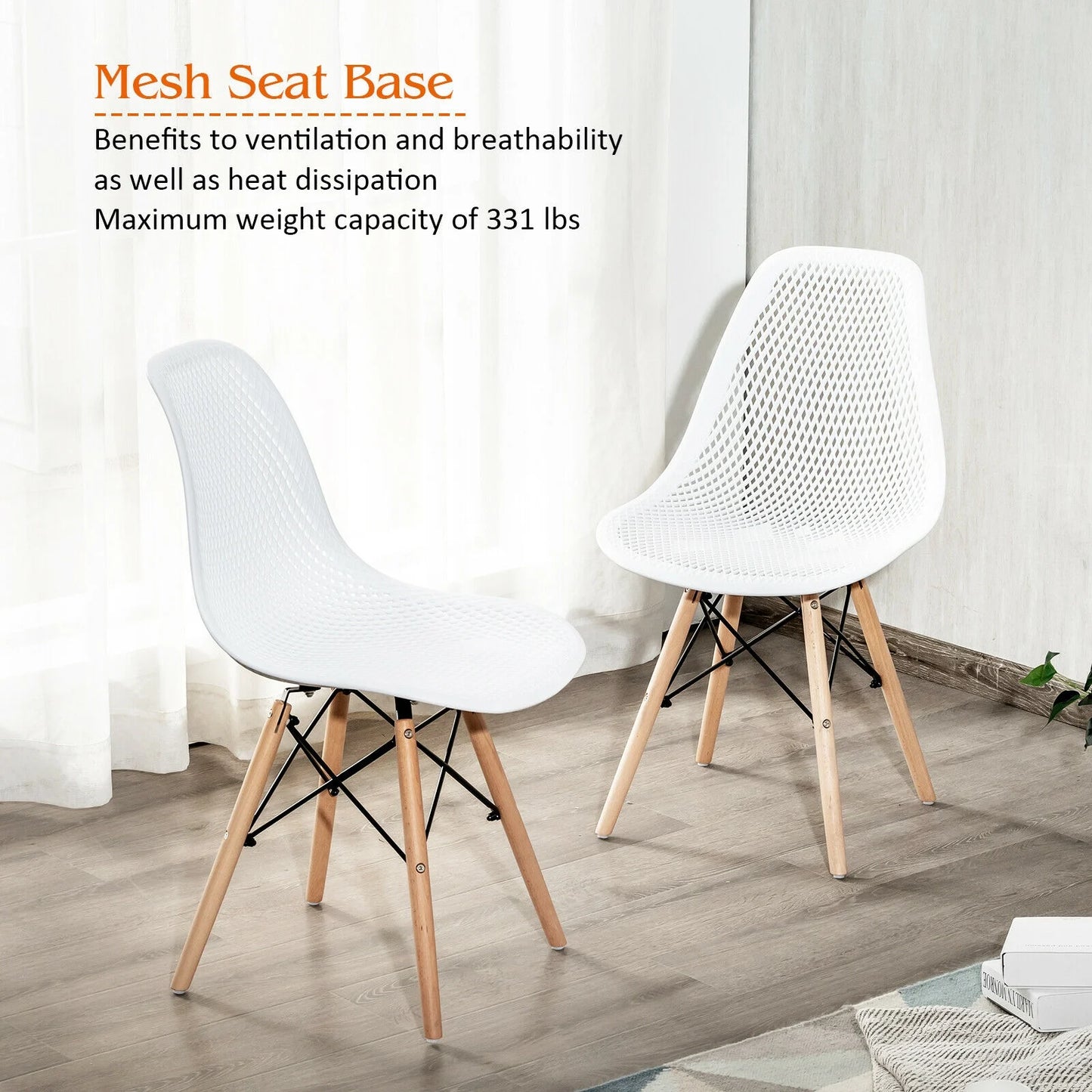 Set of 4 Modern Plastic Hollow Dining Chairs with Wooden Legs for Home and Office - White