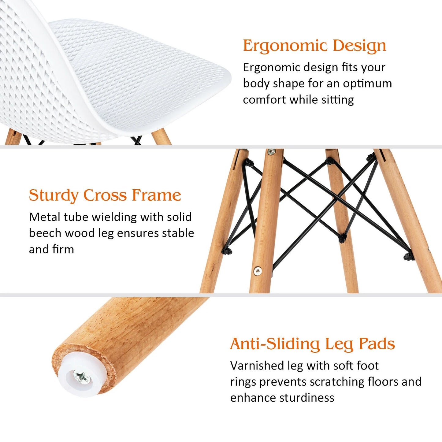 Set of 4 Modern Plastic Hollow Dining Chairs with Wooden Legs for Home and Office - White