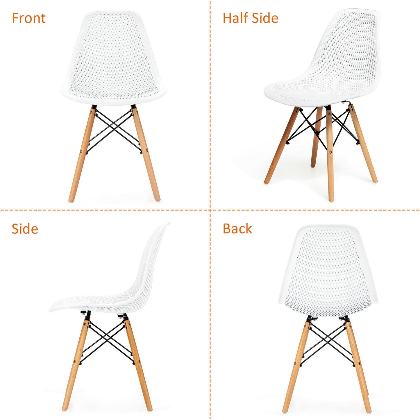 Set of 4 Modern Plastic Hollow Dining Chairs with Wooden Legs for Home and Office - White