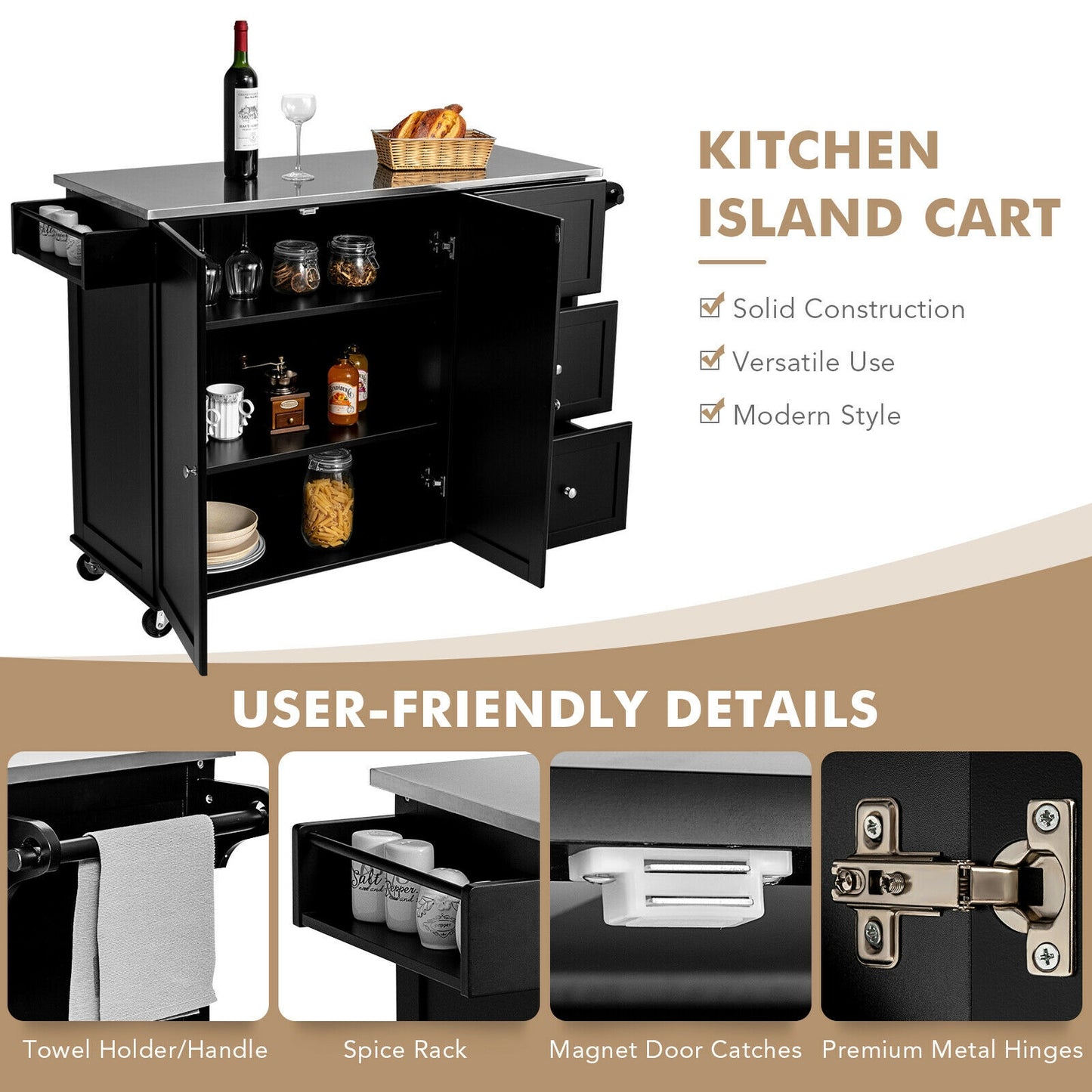 Kitchen Island with Stainless Steel Countertop 2-Door Cabinet and Drawers for Storage - Black