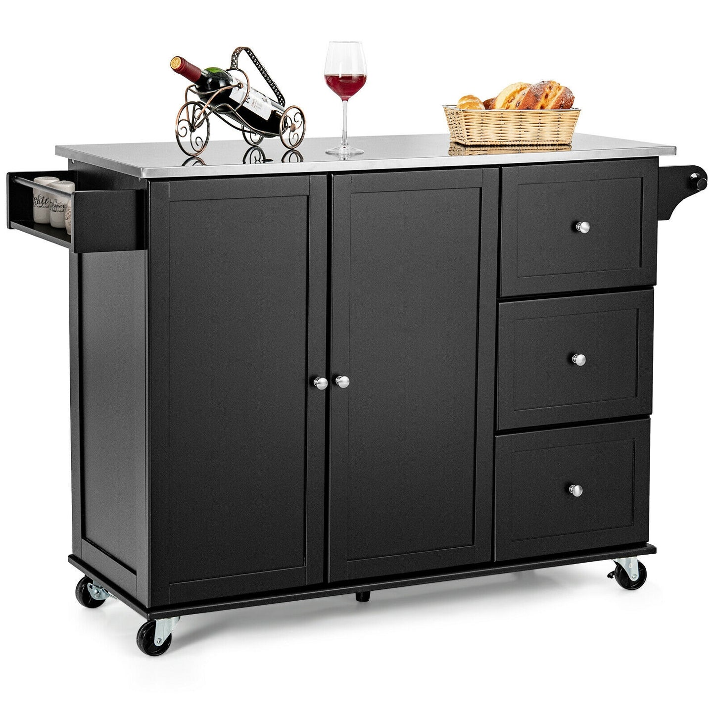 Kitchen Island with Stainless Steel Countertop 2-Door Cabinet and Drawers for Storage - Black
