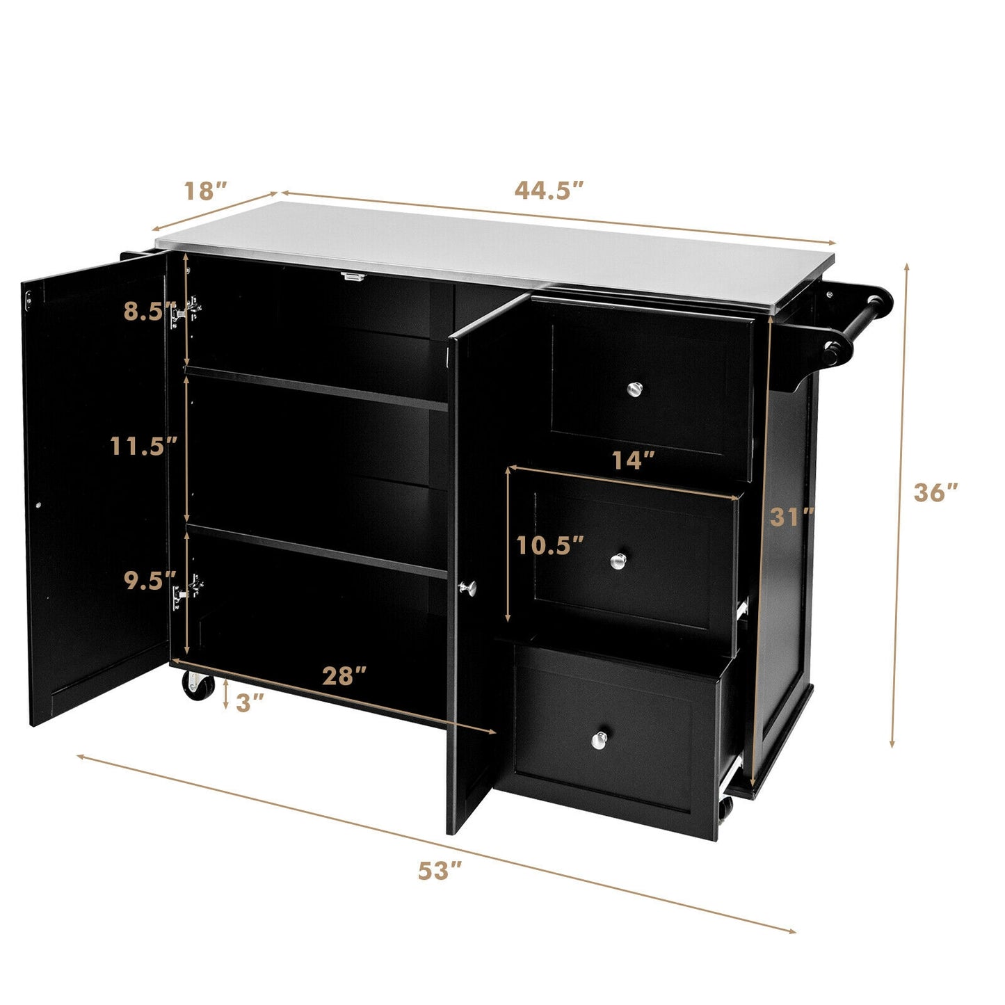 Kitchen Island with Stainless Steel Countertop 2-Door Cabinet and Drawers for Storage - Black