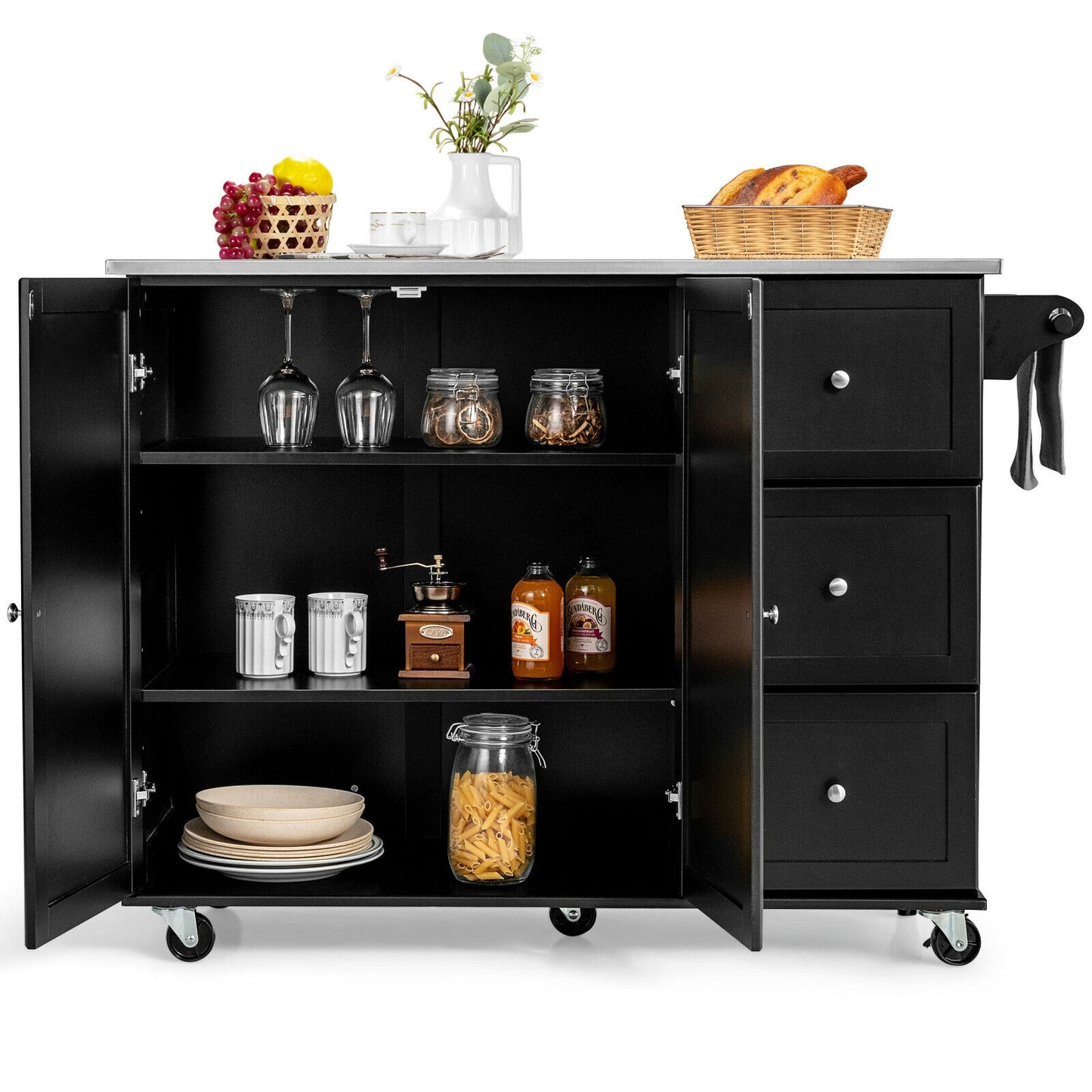 Kitchen Island with Stainless Steel Countertop 2-Door Cabinet and Drawers for Storage - Black