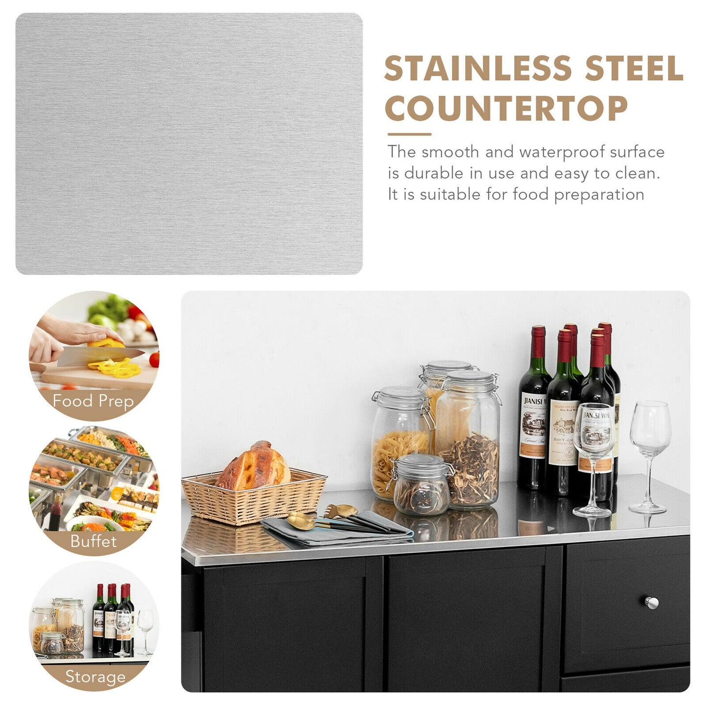 Kitchen Island with Stainless Steel Countertop 2-Door Cabinet and Drawers for Storage - Black