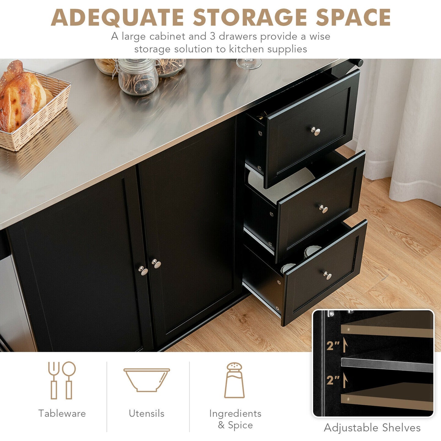 Kitchen Island with Stainless Steel Countertop 2-Door Cabinet and Drawers for Storage - Black