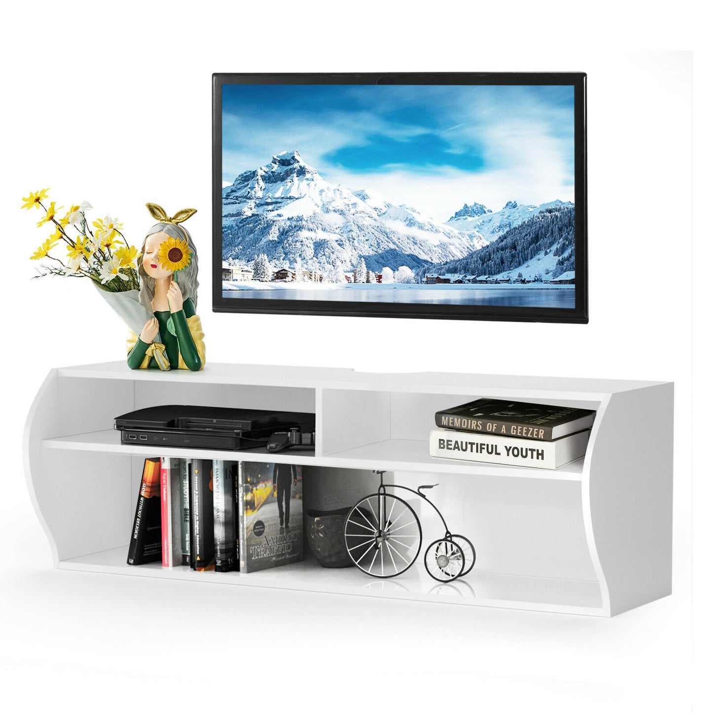 Sleek Wall Mounted Display and Storage Shelf with Open Tiers – White