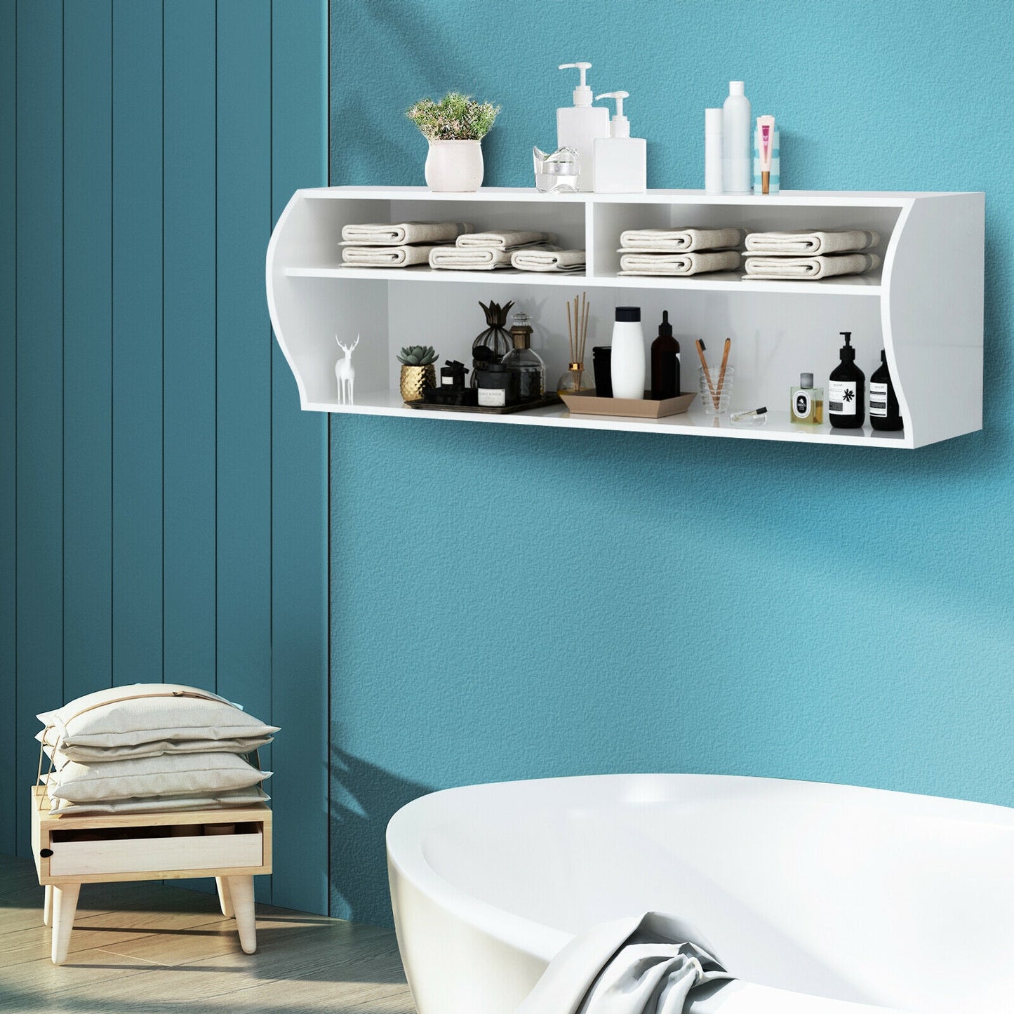 Sleek Wall Mounted Display and Storage Shelf with Open Tiers – White