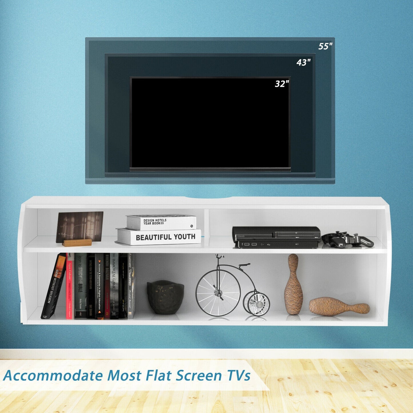 Sleek Wall Mounted Display and Storage Shelf with Open Tiers – White
