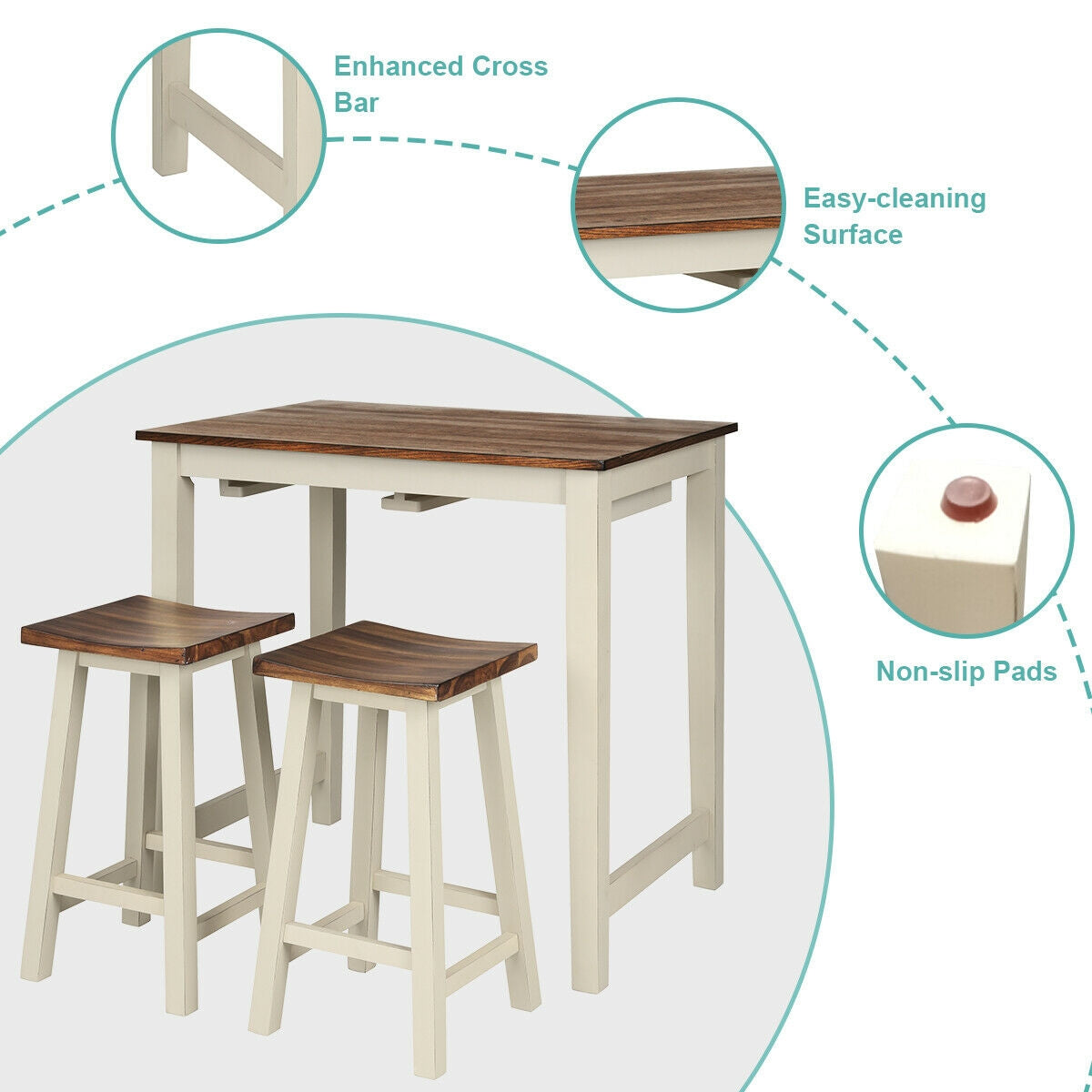 3 Piece Counter Height Dining Set with Pub Table and Saddle Bar Stools