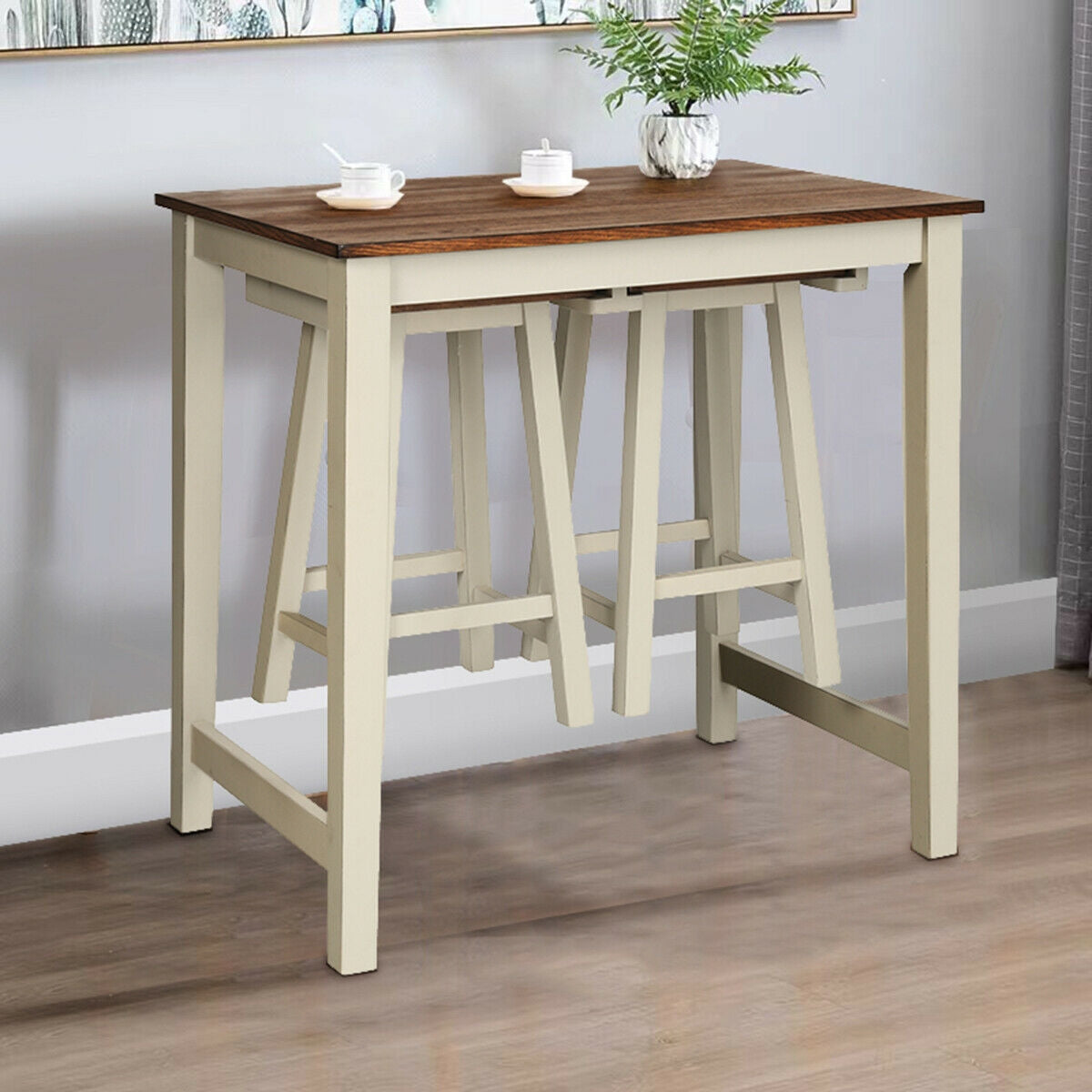 3 Piece Counter Height Dining Set with Pub Table and Saddle Bar Stools