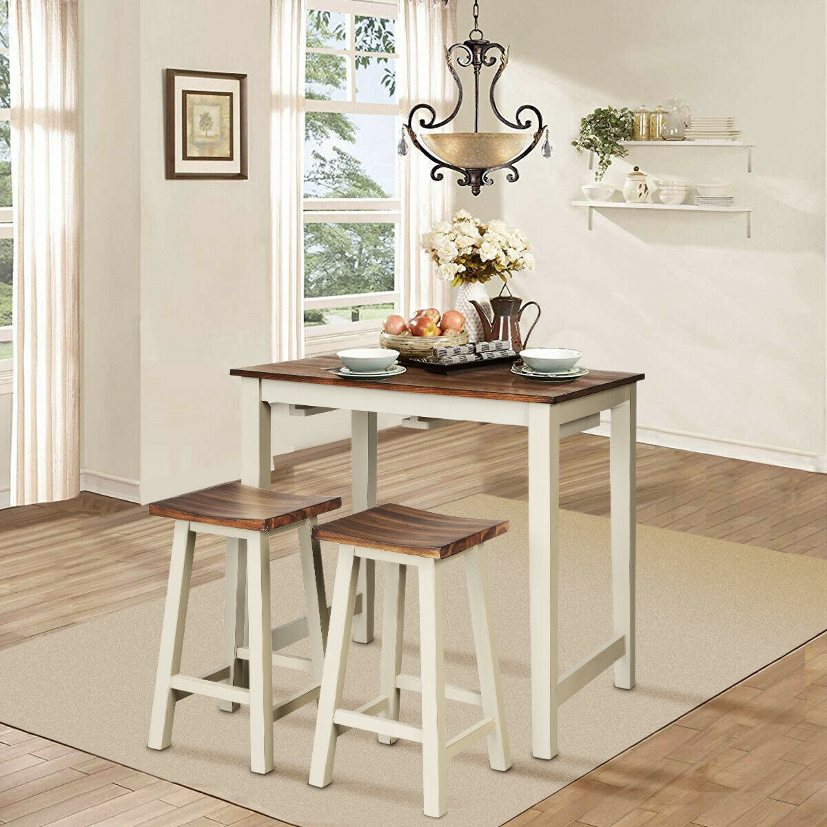 3 Piece Counter Height Dining Set with Pub Table and Saddle Bar Stools