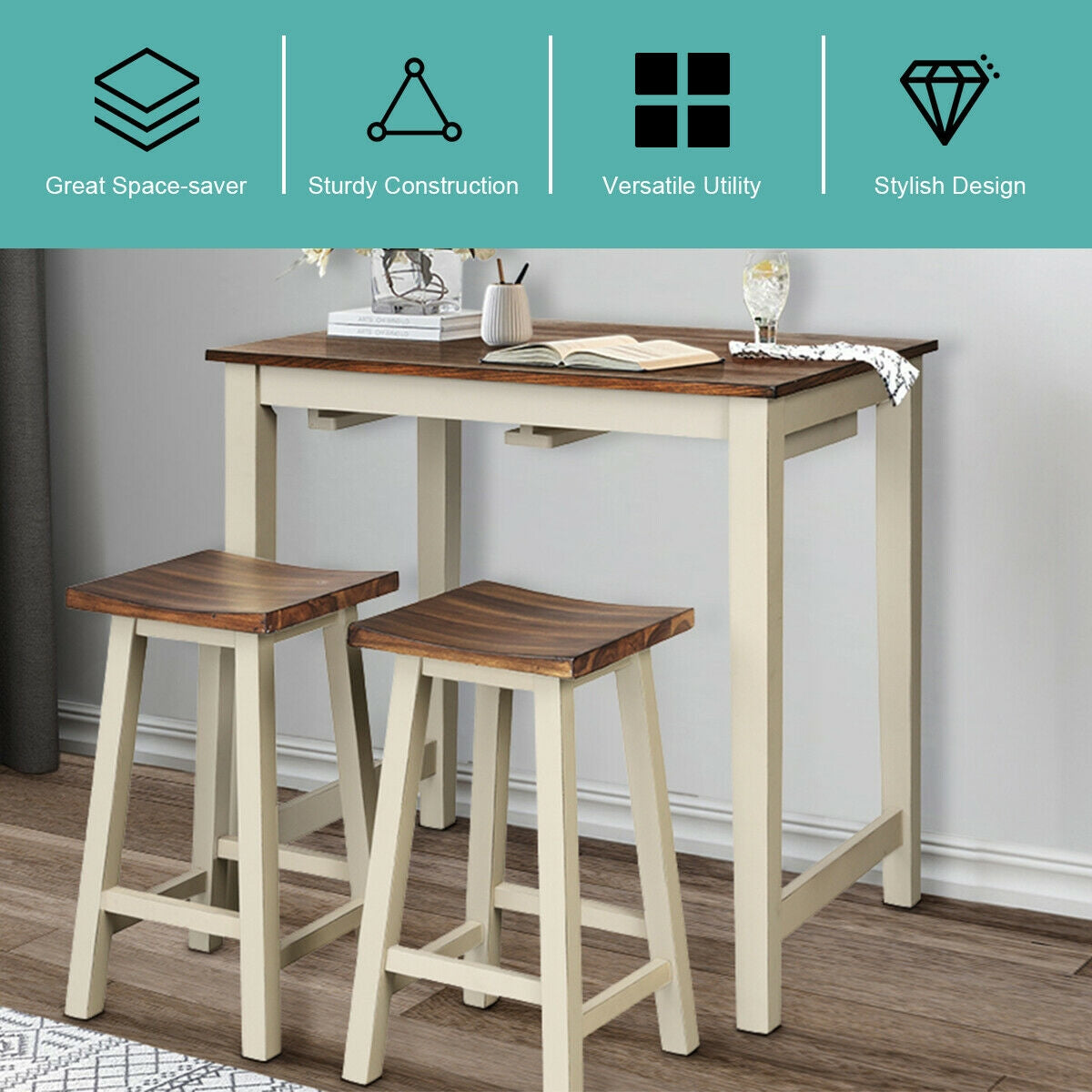 3 Piece Counter Height Dining Set with Pub Table and Saddle Bar Stools