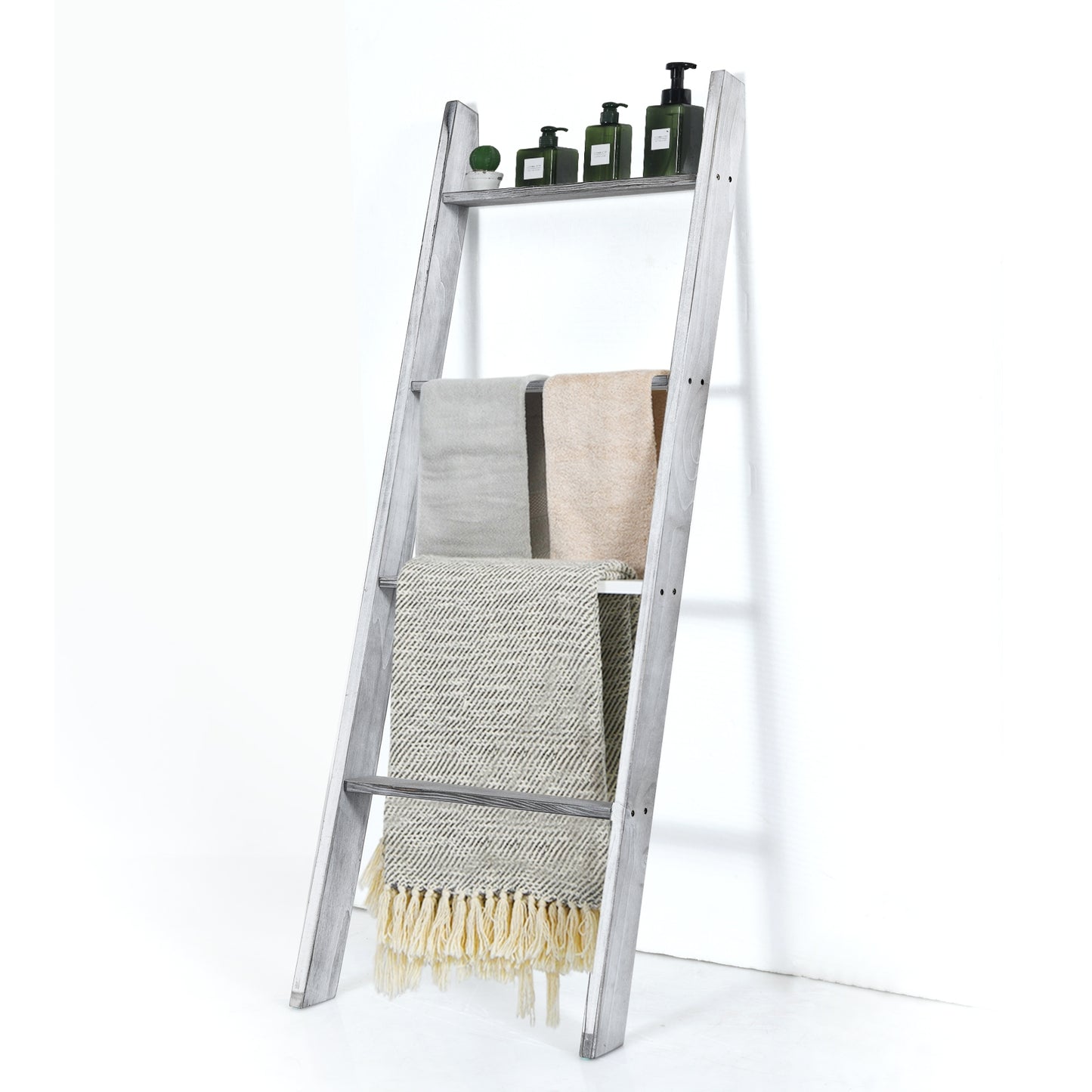 4 Tier Pine Wood Blanket Ladder with Non-Slip Feet for Stylish Storage