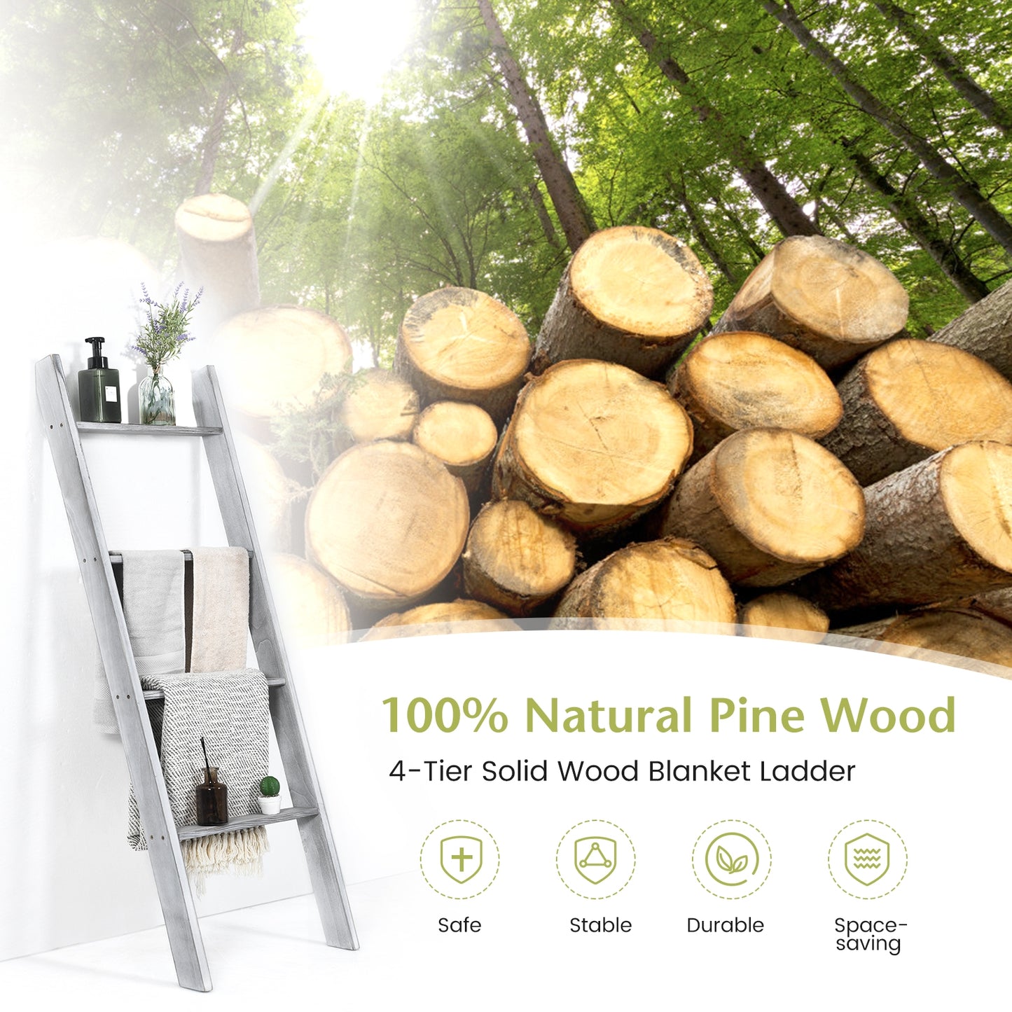 4 Tier Pine Wood Blanket Ladder with Non-Slip Feet for Stylish Storage