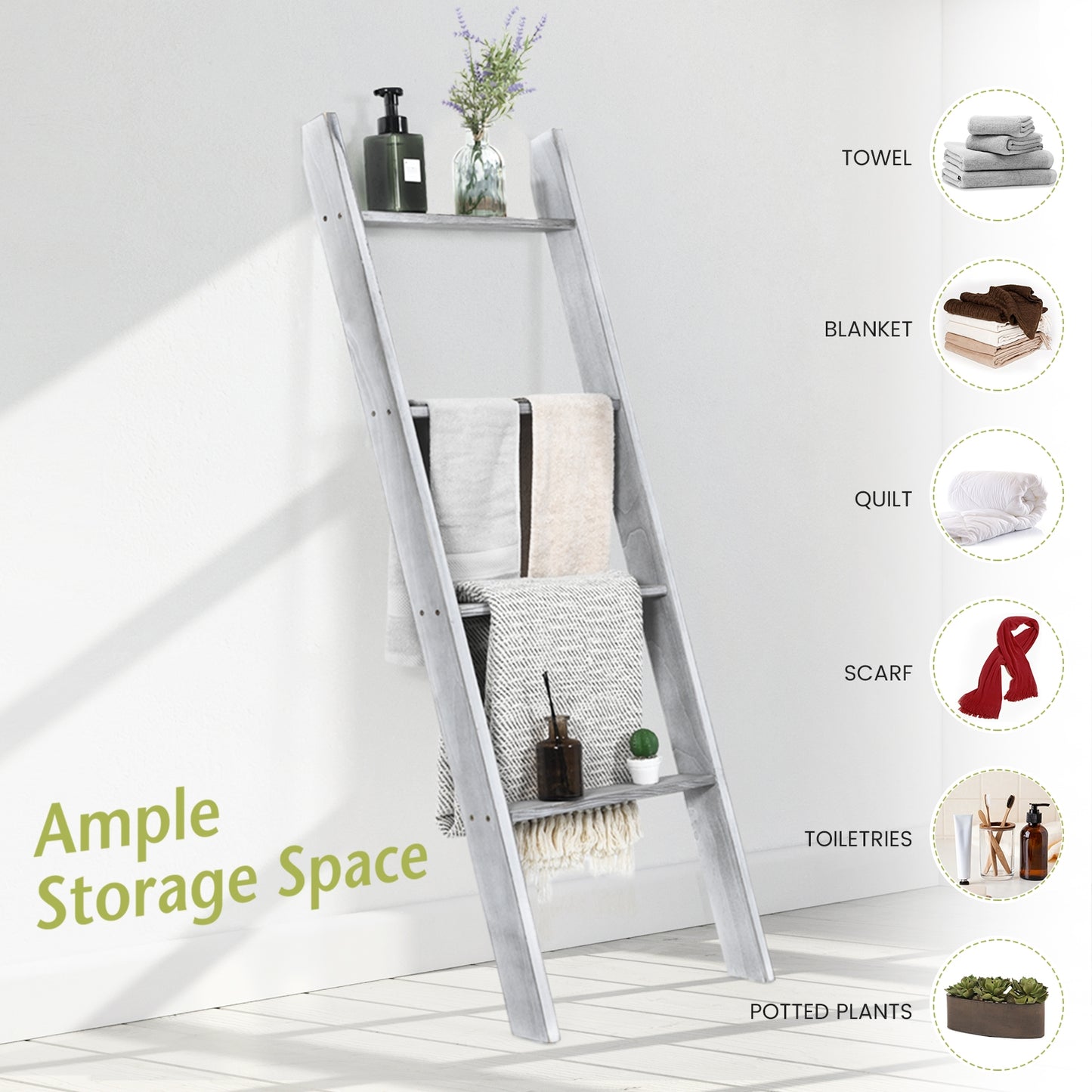 4 Tier Pine Wood Blanket Ladder with Non-Slip Feet for Stylish Storage