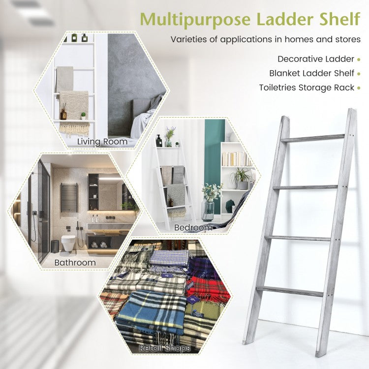 4 Tier Pine Wood Blanket Ladder with Non-Slip Feet for Stylish Storage