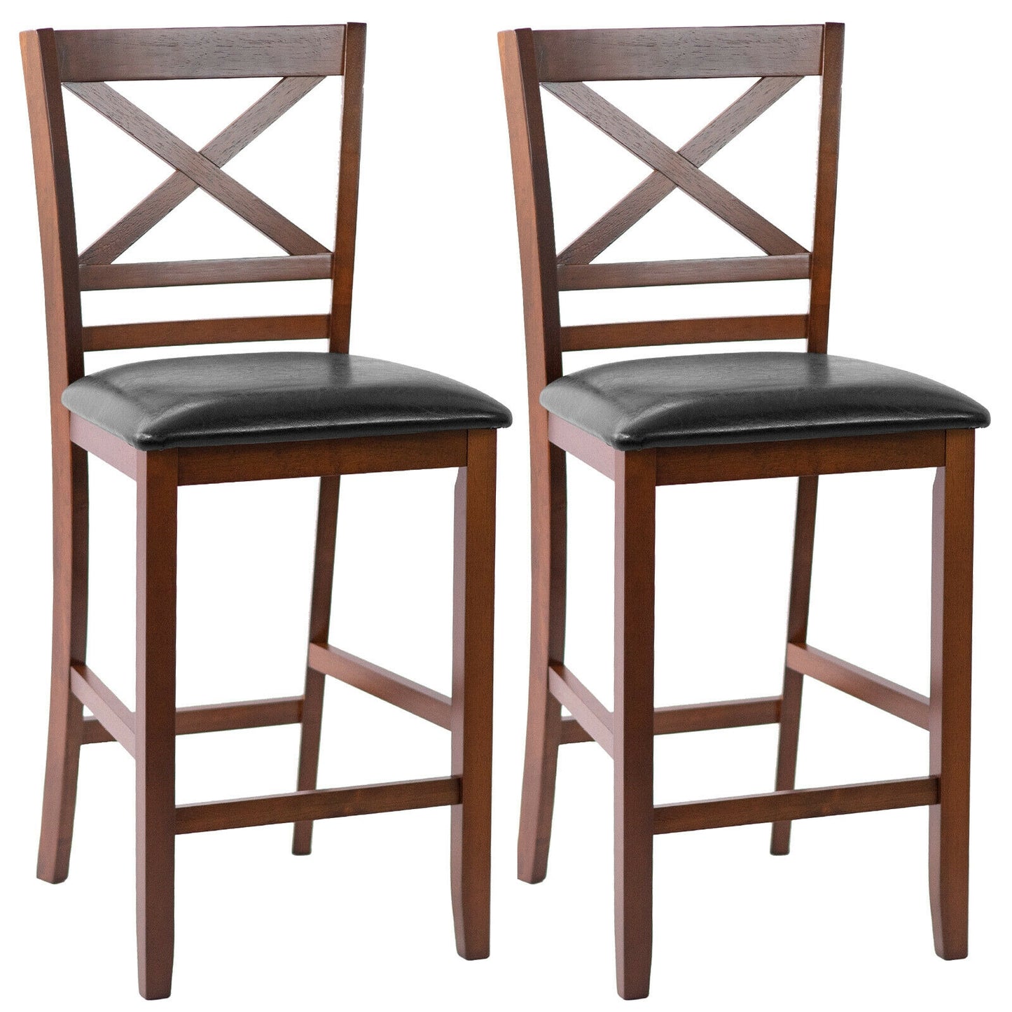 Set of 2 Counter Height Bar Stools with PU Leather Seat and Wooden X Backrest